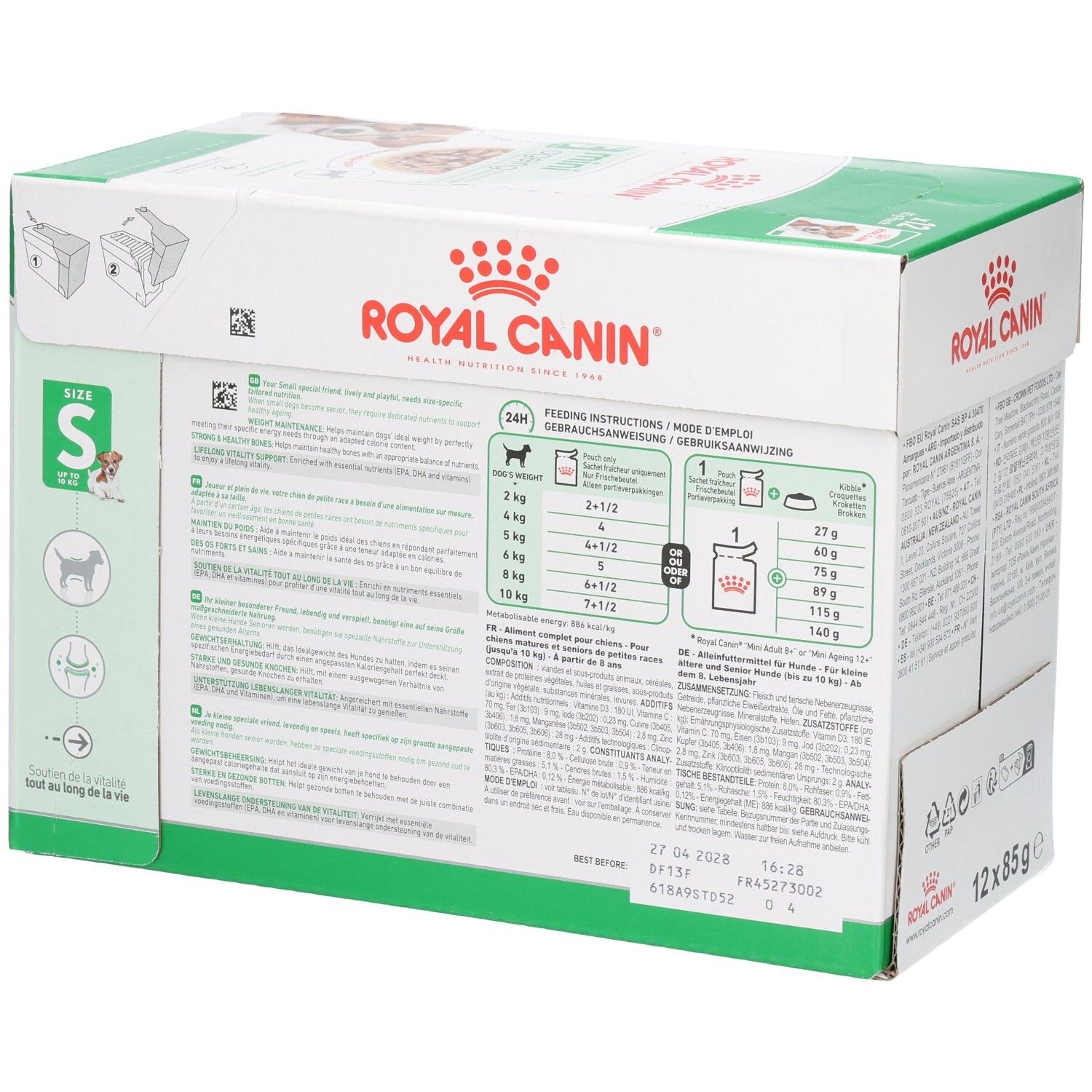 Royal Canin Mini Ageing 12x85g Pouch doos, achterkant met voedingstabel.