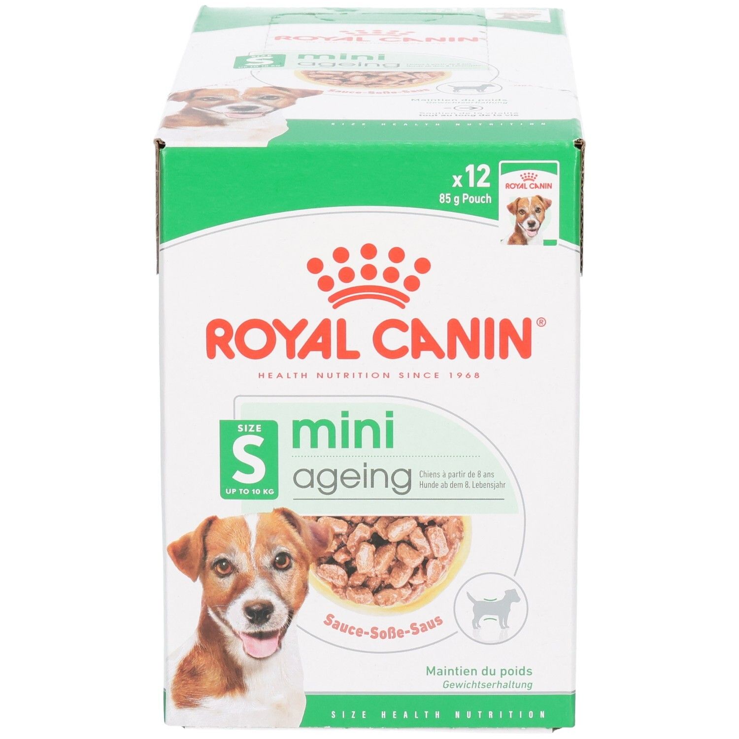 Royal Canin Mini Ageing 12x85g Pouch doos, schuin vooraanzicht.