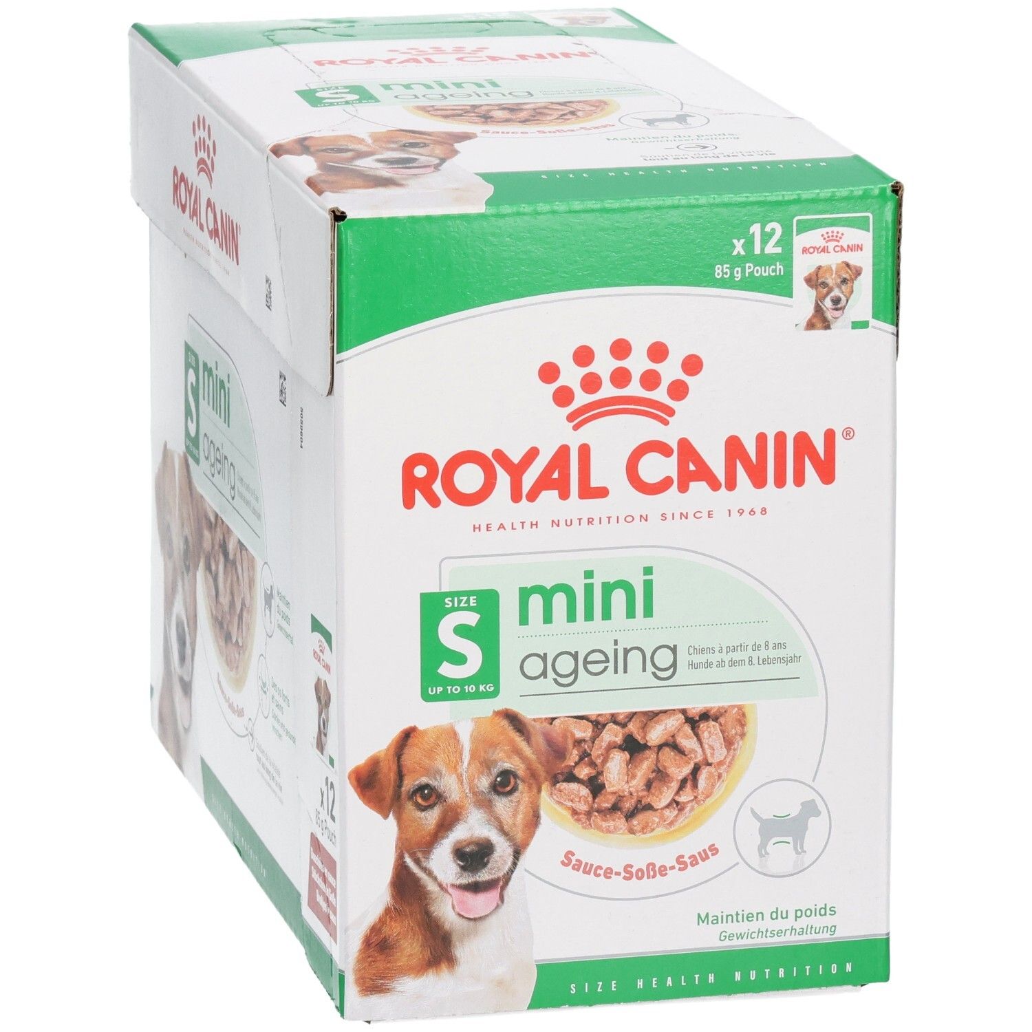Royal Canin Mini Ageing 12x85g Pouch doos, detail van de voorkant.