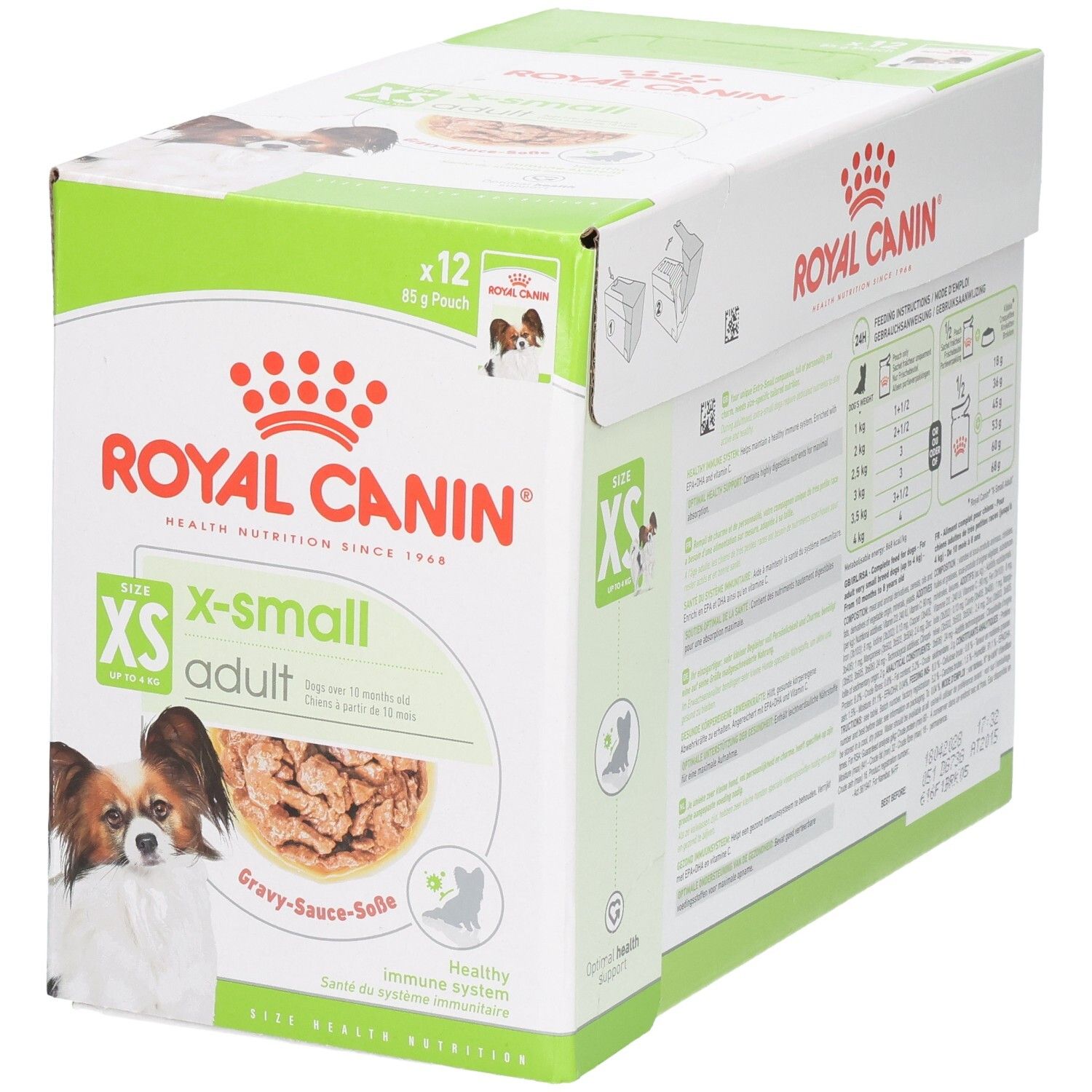 Royal Canin X-Small Adult hondenvoerdoos, 12 zakjes van 85g. Bevat afbeeldingen van honden en voer.