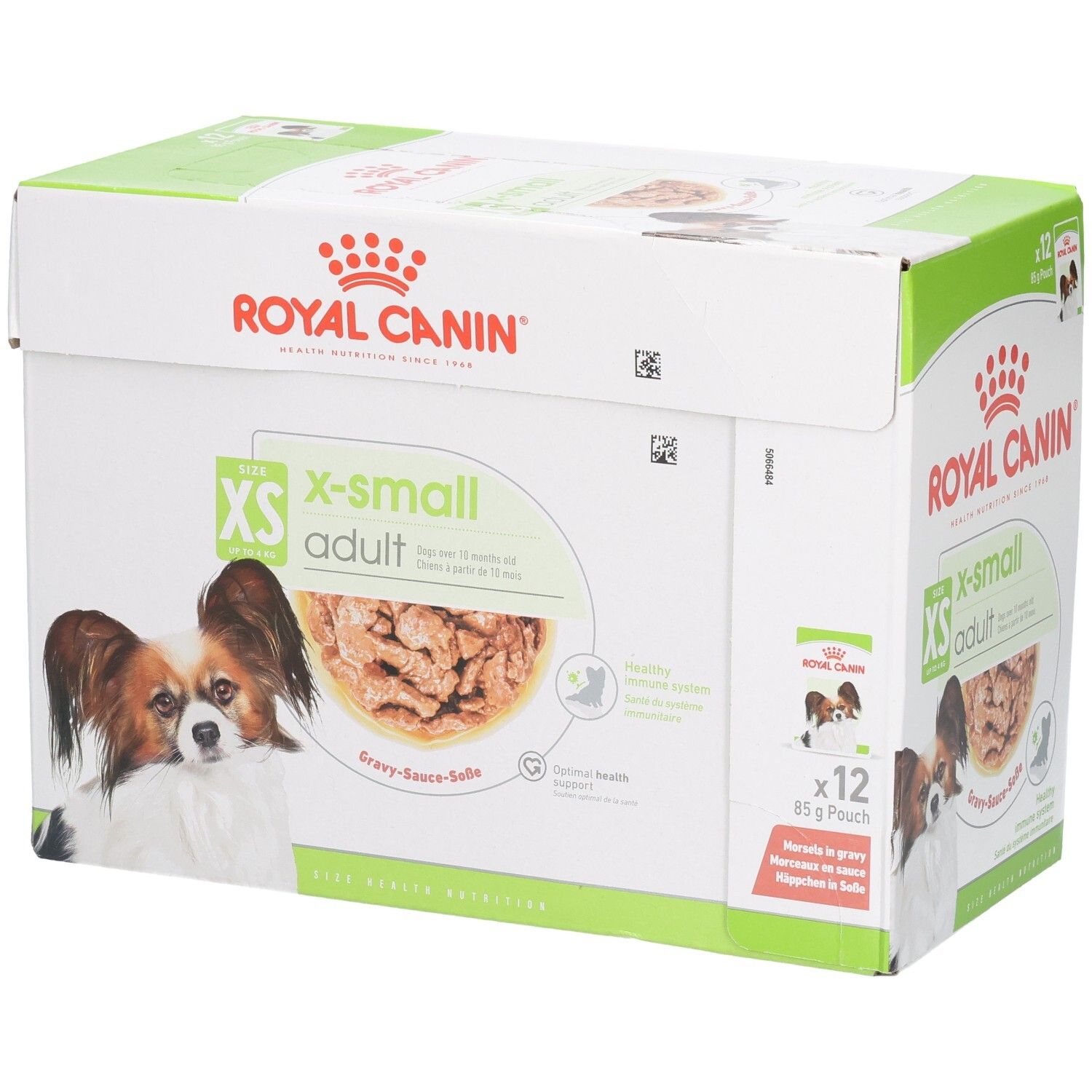 Royal Canin X-Small Adult hondenvoerdoos, 12 zakjes van 85g. Zijaanzicht met productinformatie.