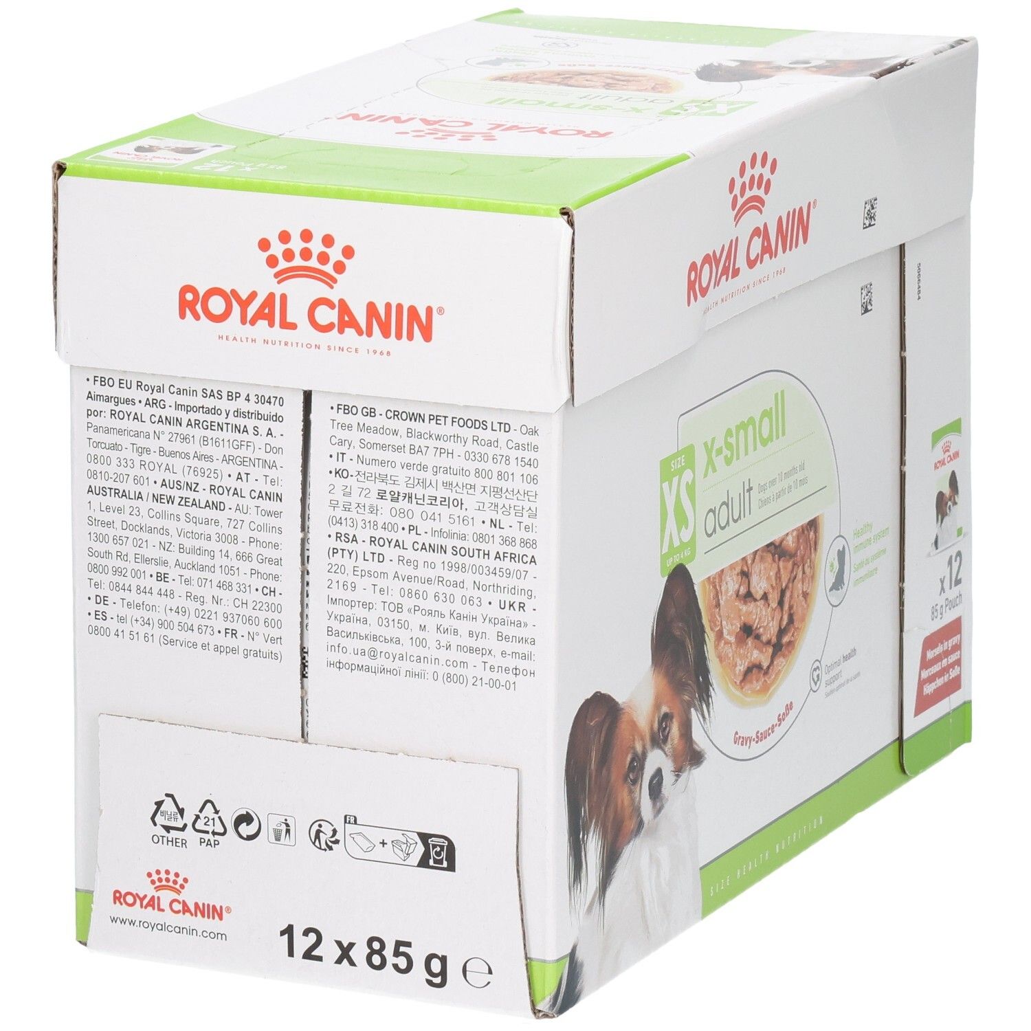 Achterkant van de Royal Canin X-Small Adult hondenvoerdoos, 12 zakjes van 85g. Met adresinformatie en recycling-symbolen.
