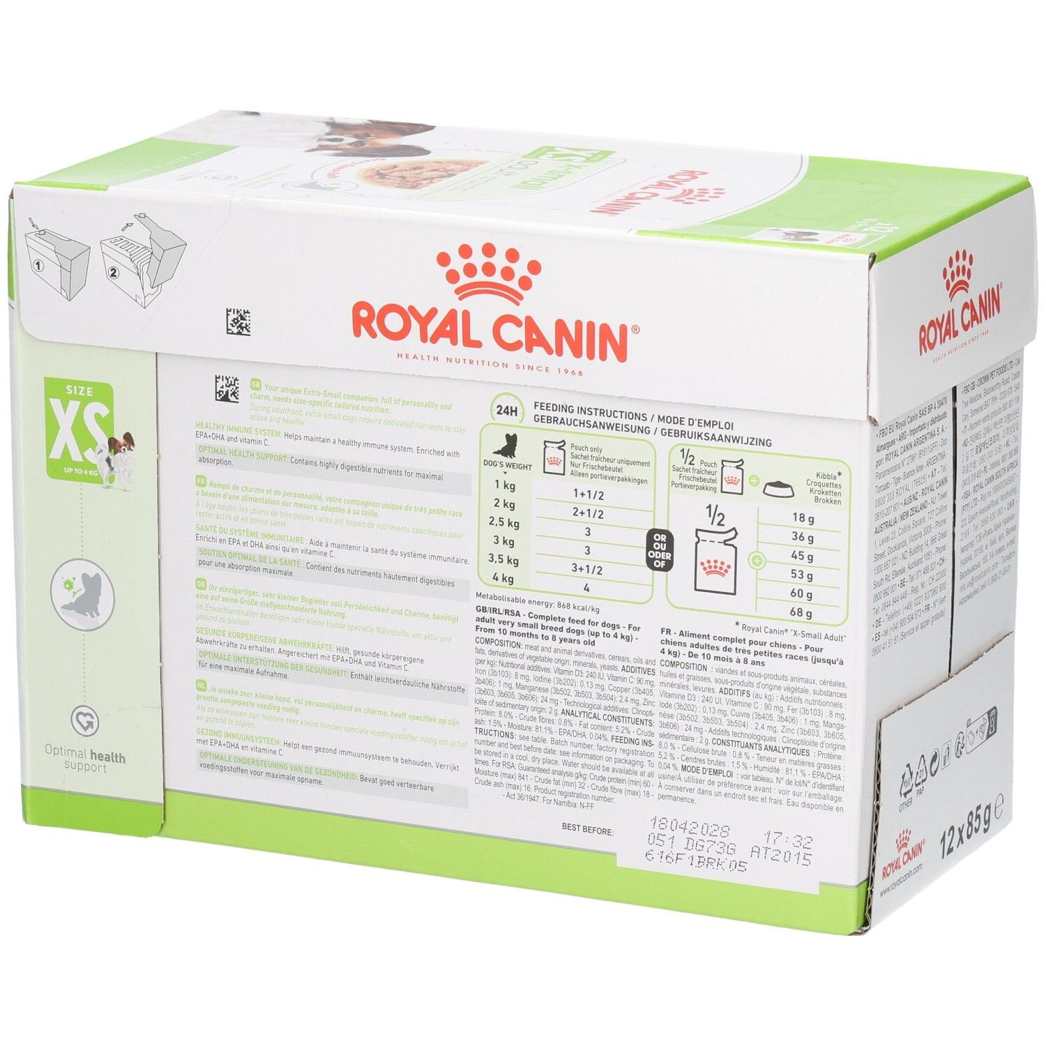 Zijaanzicht van de Royal Canin X-Small Adult hondenvoerdoos, 12 zakjes van 85g. Met voerinstructies en productkenmerken.