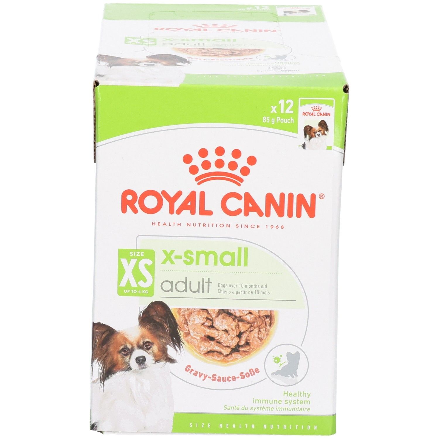 Voorkant van de Royal Canin X-Small Adult hondenvoerdoos, 12 zakjes van 85g. Met hondenafbeelding en productnaam.