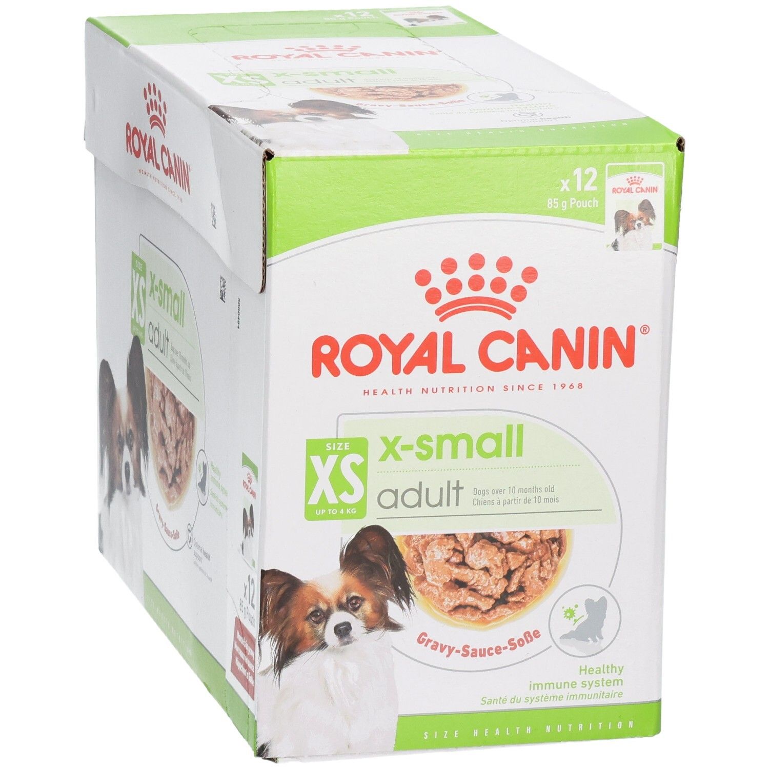 Royal Canin X-Small Adult hondenvoerdoos, 12 zakjes van 85g. Schuin aanzicht met focus op de voorkant.