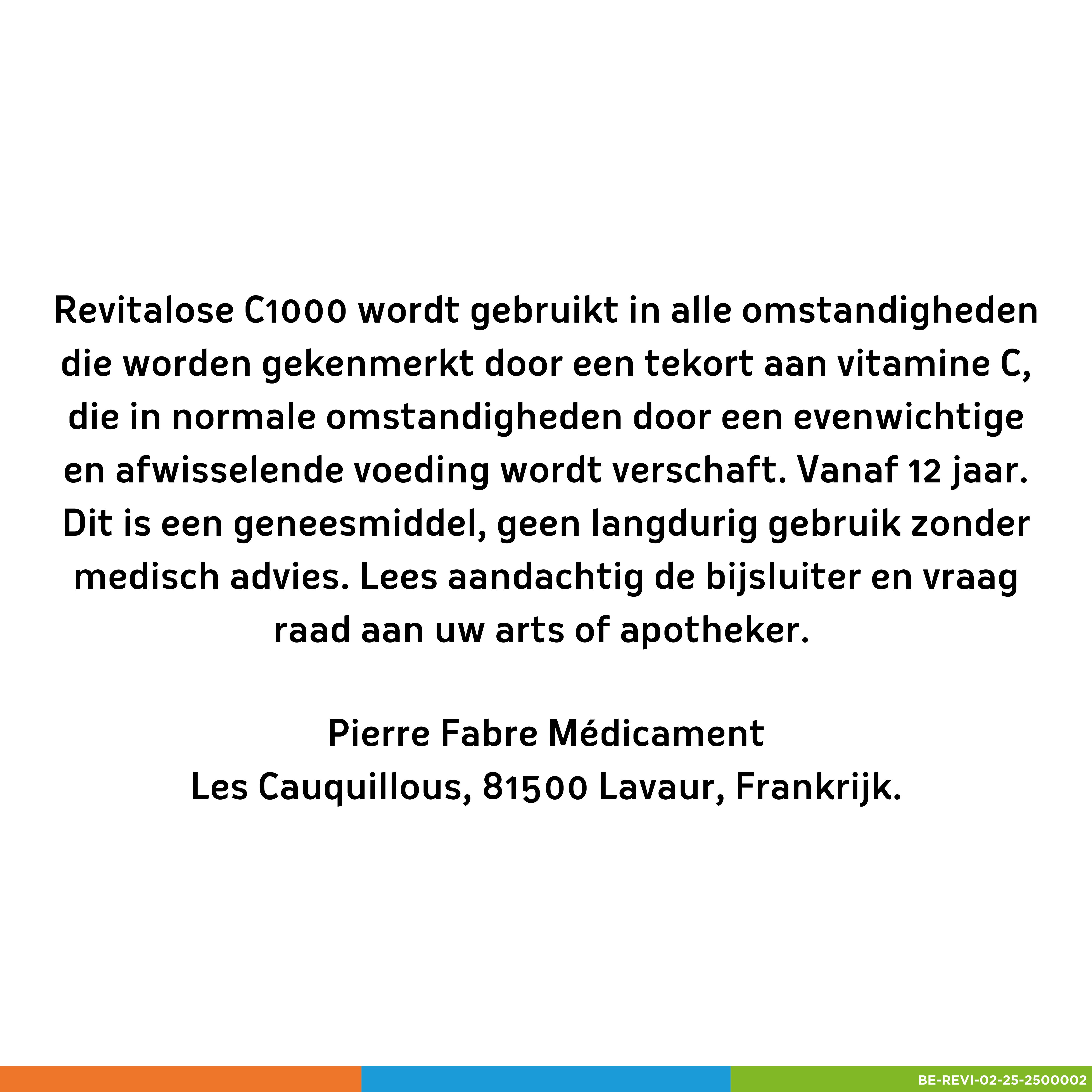 Tekst op witte achtergrond. Informatie over Revitalose C1000. Adres Pierre Fabre Médicament, Lavaur, Frankrijk.