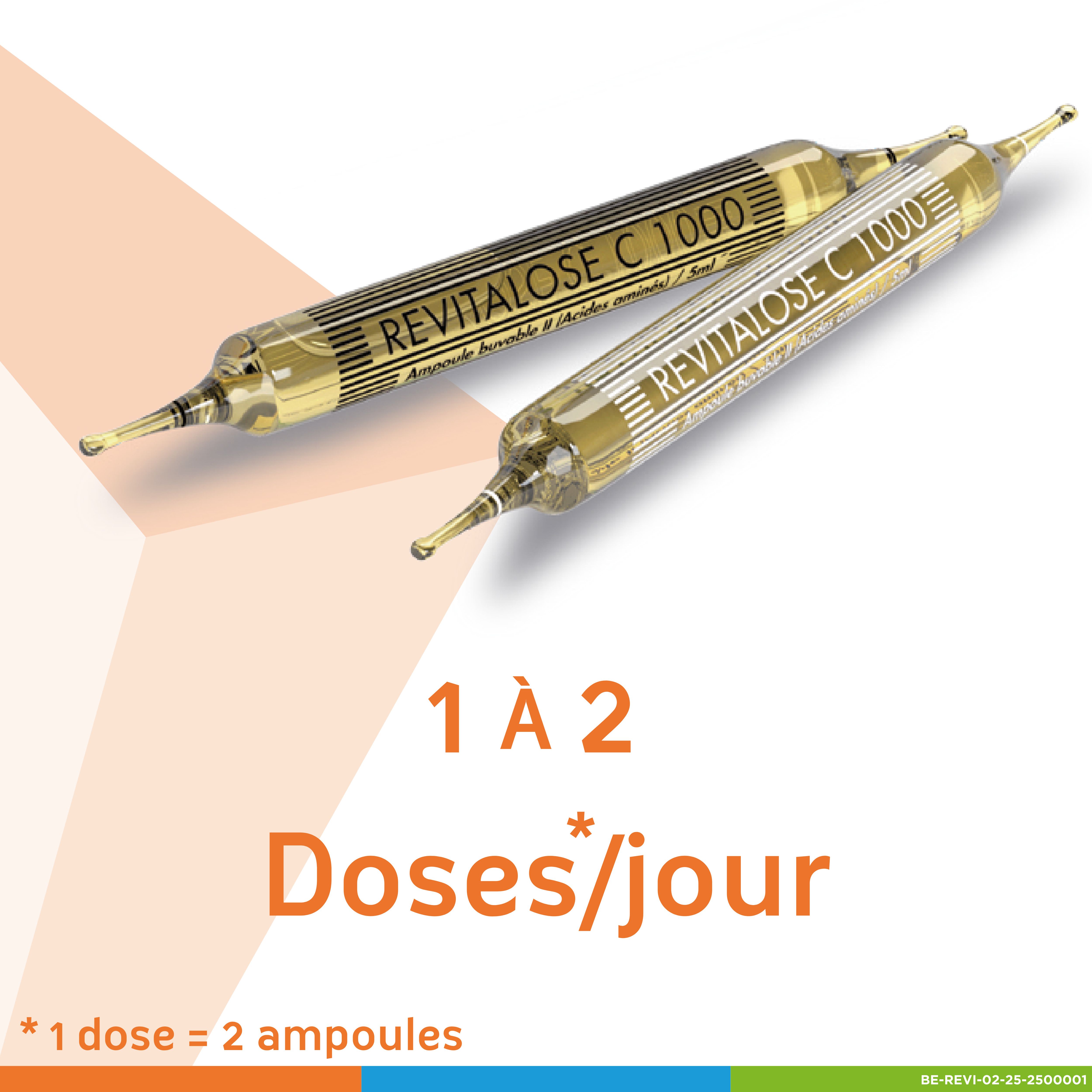 Deux ampoules Revitalose C1000. Inscription: Revitalose C1000. Texte: 1 à 2 doses par jour. 1 dose = 2 ampoules.