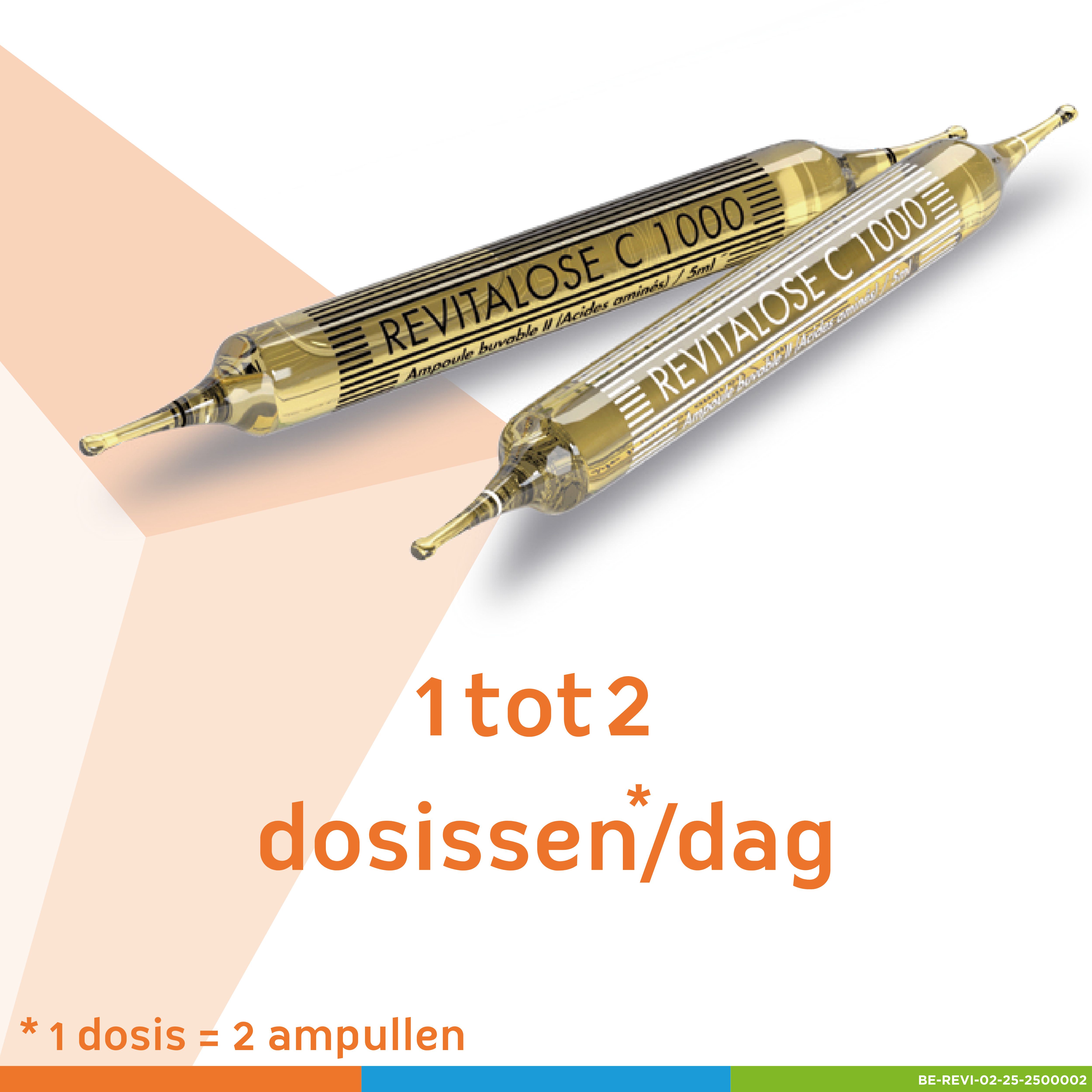 Twee ampullen Revitalose C1000. Opschrift: Revitalose C1000. Tekst: 1 tot 2 dosissen per dag. 1 dosis = 2 ampullen.