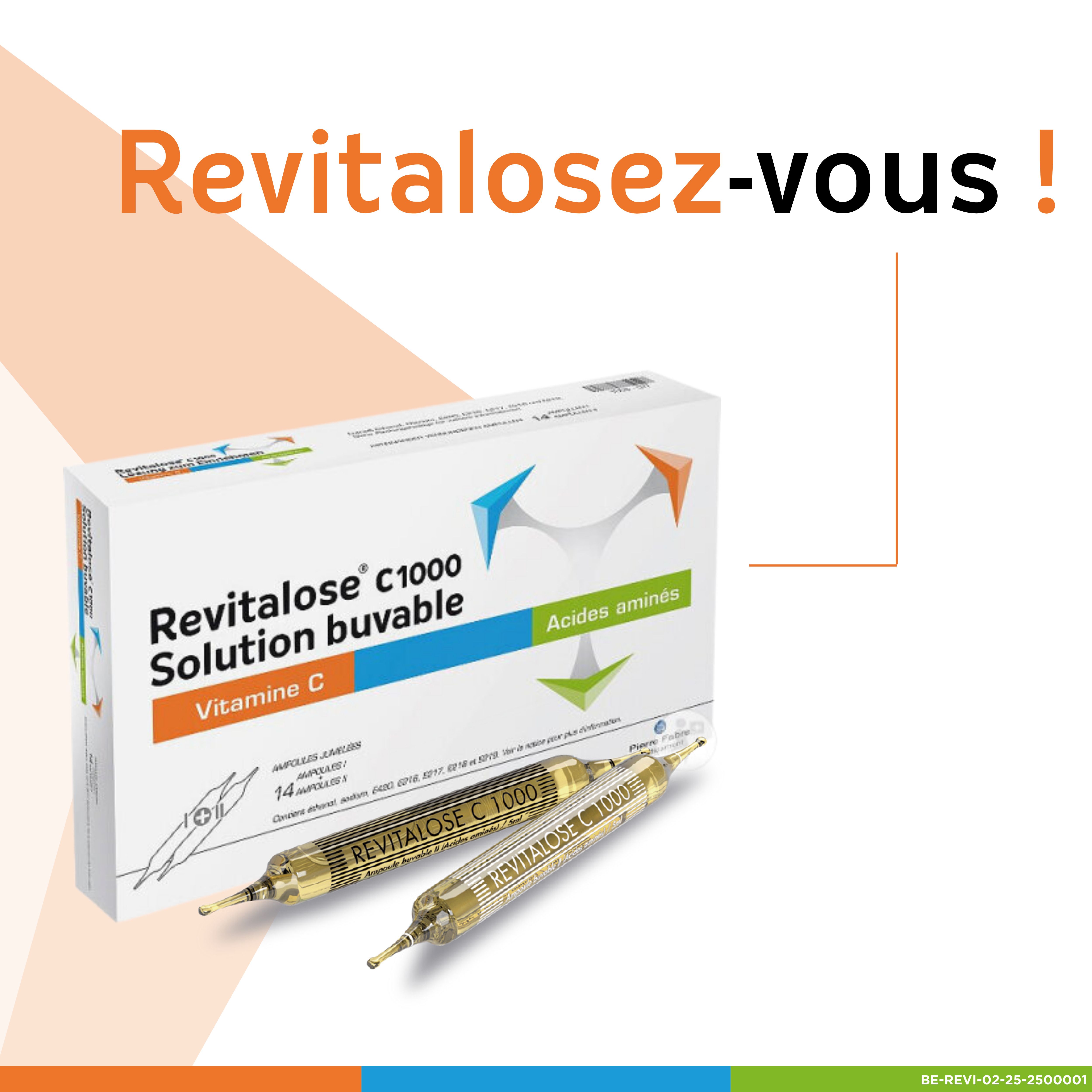 Boîte et deux ampoules Revitalose C1000. Inscription: Revitalose C1000 Solution buvable.