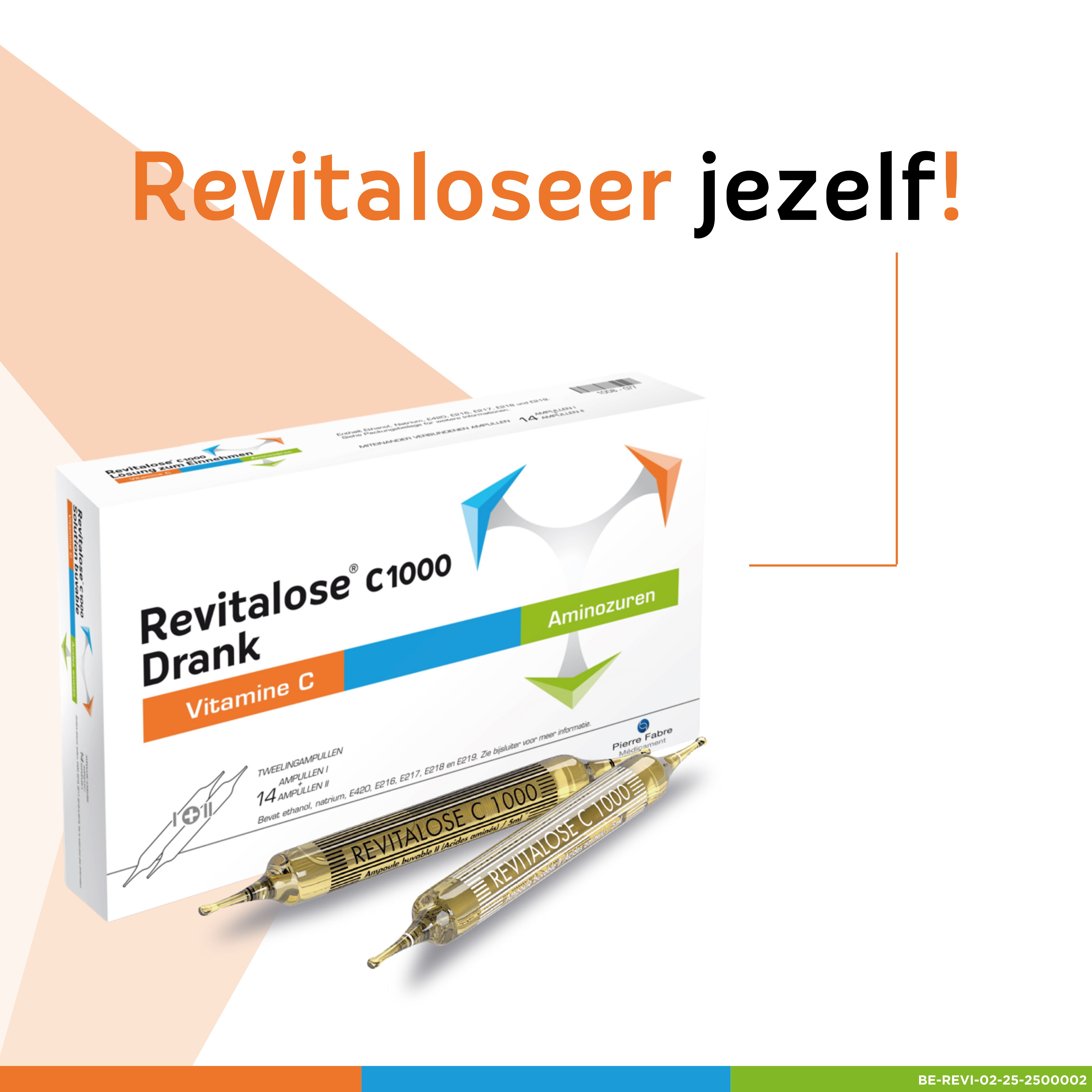 Doos en twee ampullen Revitalose C1000. Opschrift: Revitalose C1000 Drank.