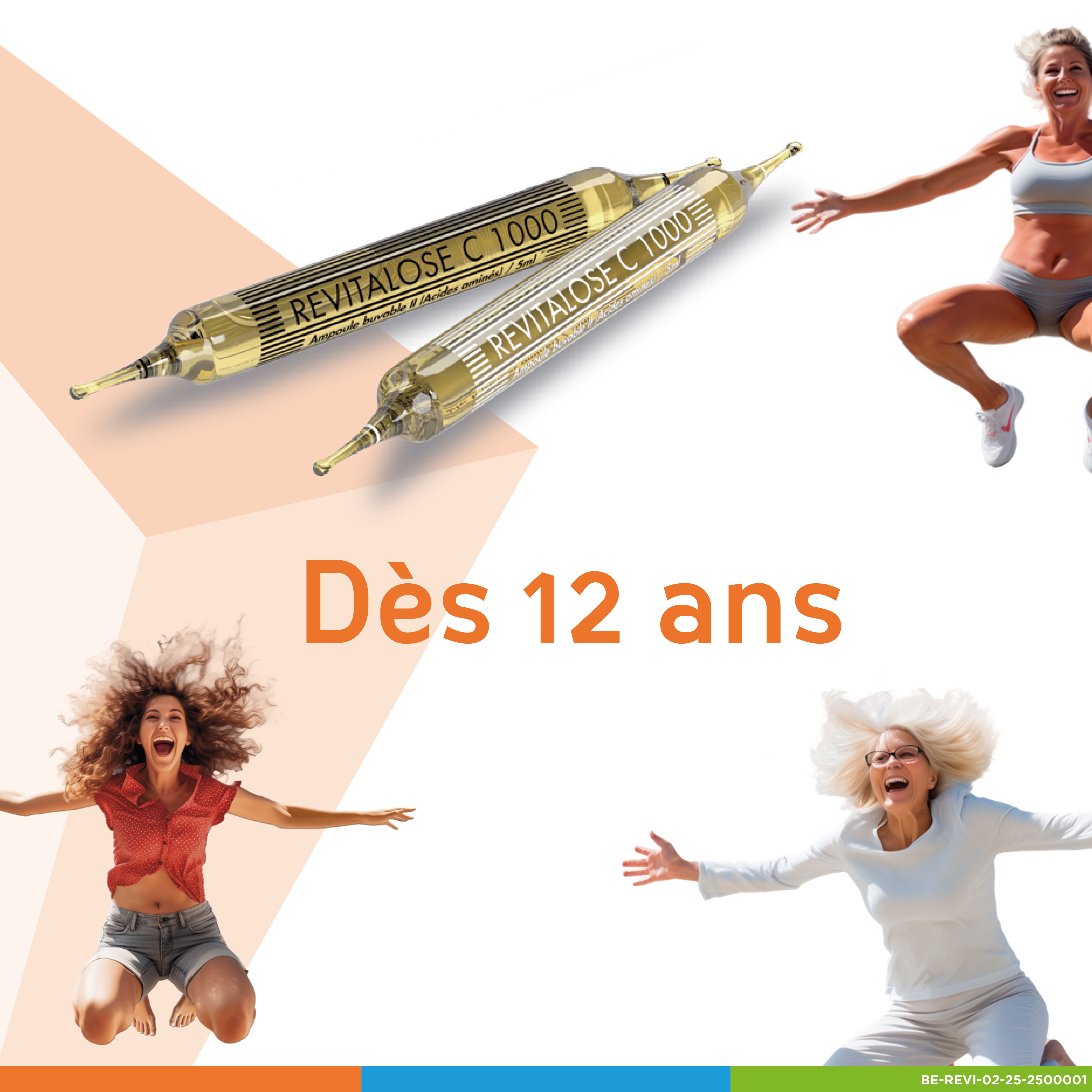 Deux ampoules Revitalose C1000. Inscription: Revitalose C1000. Personnes sautant. Texte: Dès 12 ans.