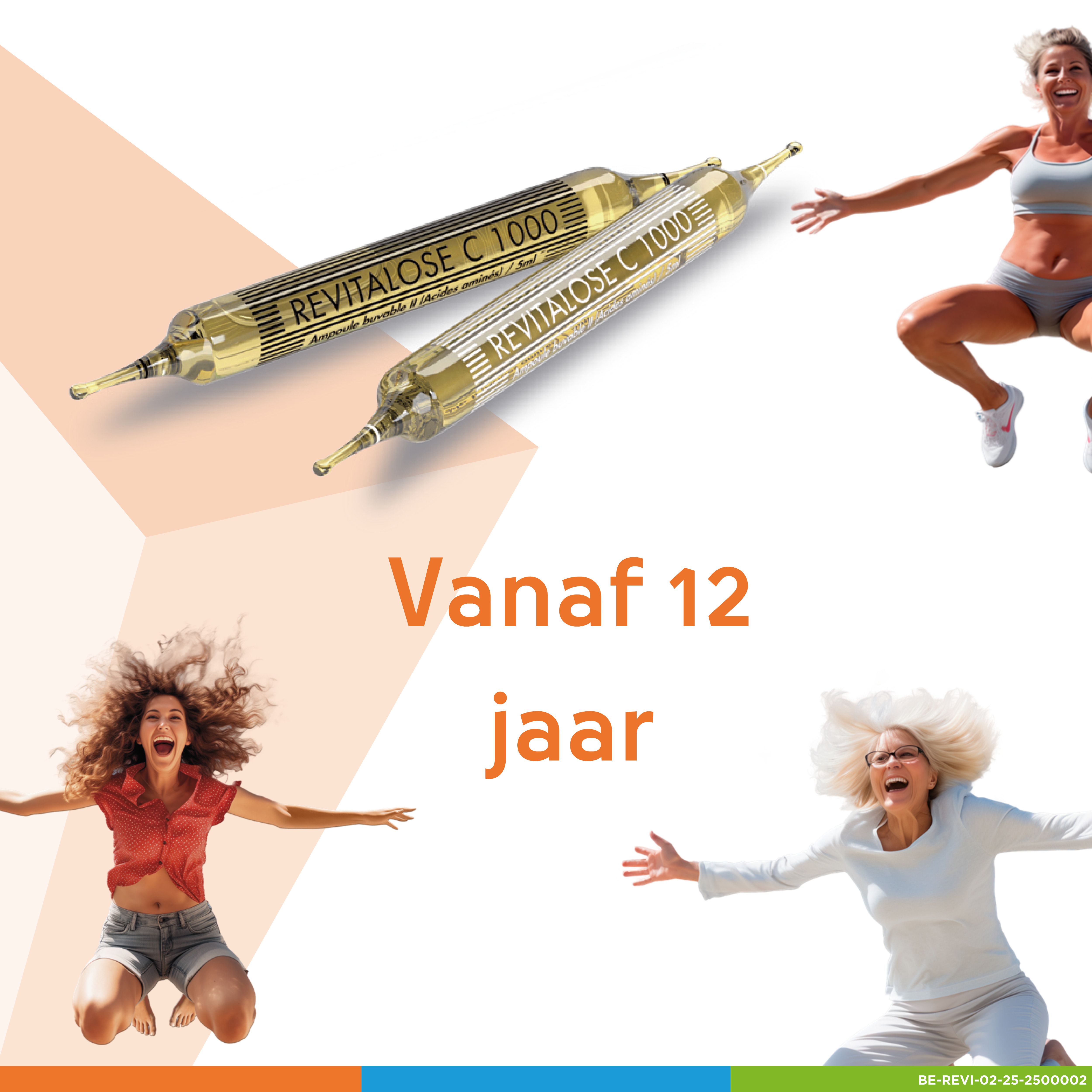 Twee ampullen Revitalose C1000. Opschrift: Revitalose C1000. Mensen springen. Tekst: Vanaf 12 jaar.