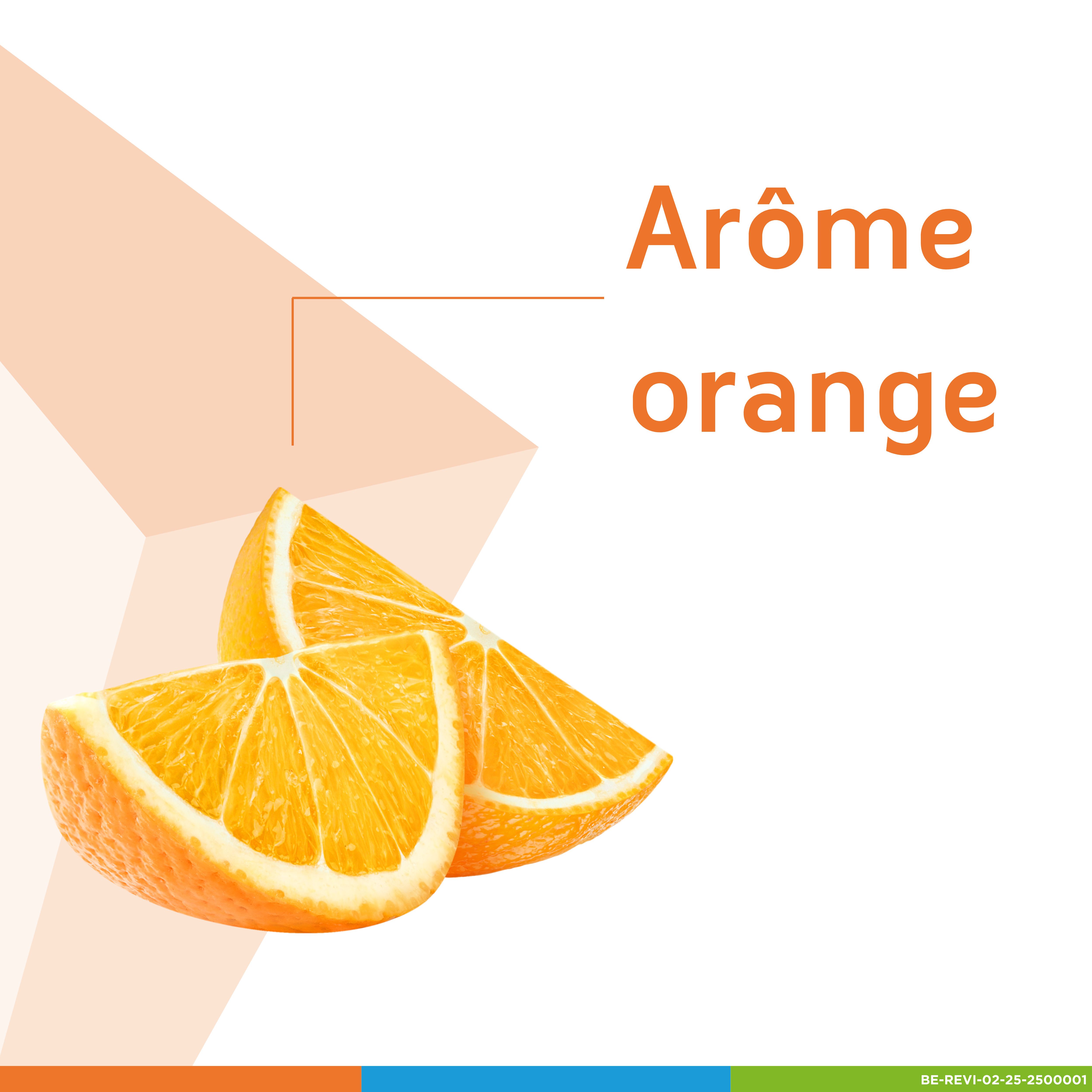 Deux quartiers d'orange. Texte: Arôme orange.