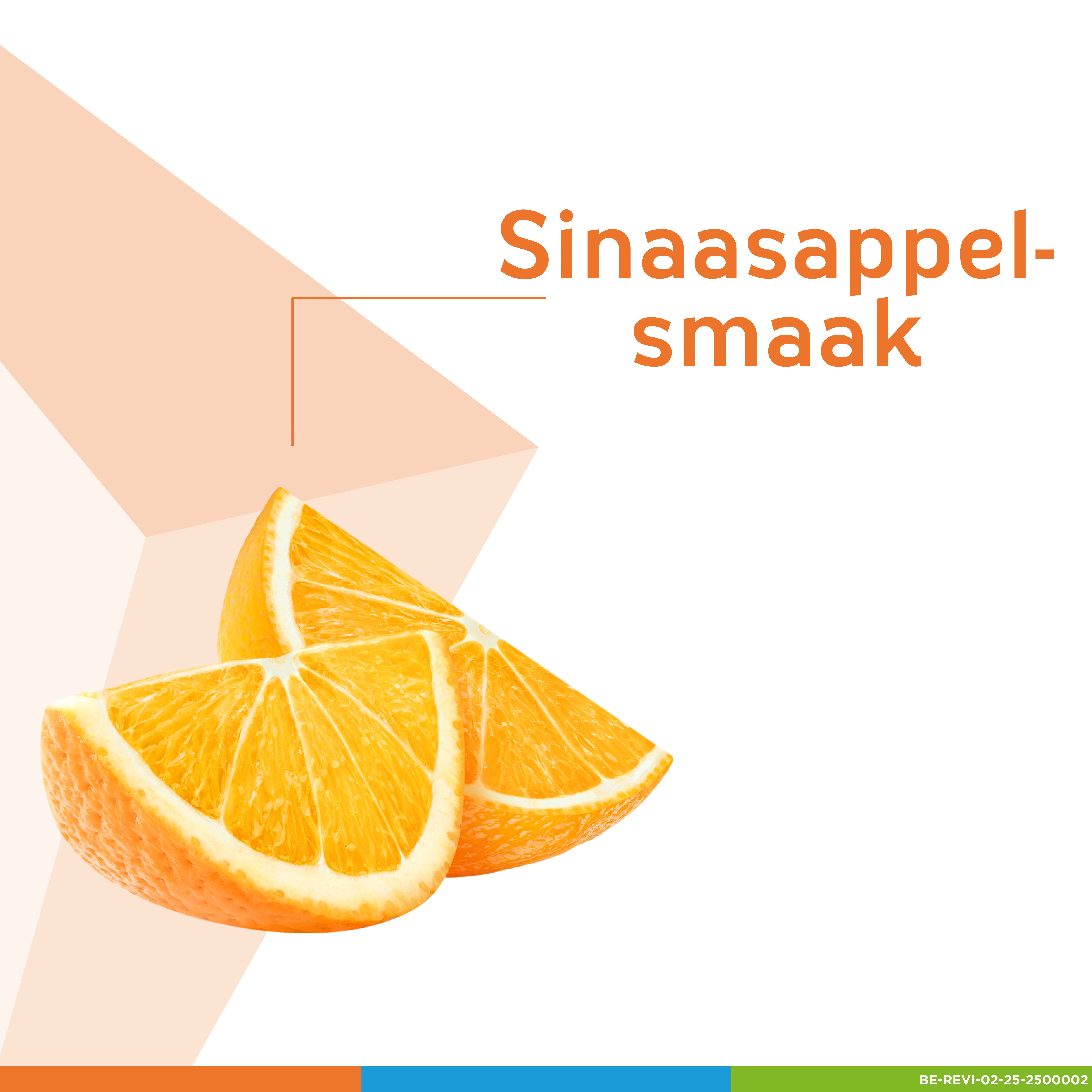 Twee sinaasappelpartjes. Tekst: Sinaasappelsmaak.