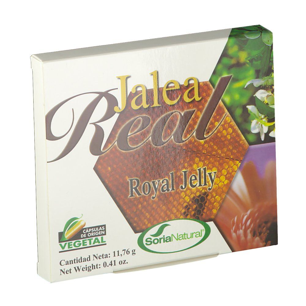 Boîte en carton "Jalea Real Royal Jelly". Logo "Soria Natural". Image de rayons de miel et de fleurs.