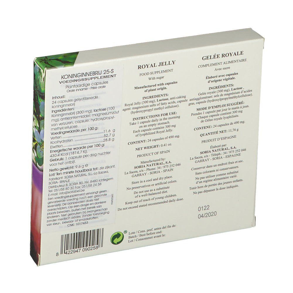 Dos de la boîte en carton. Texte multilingue. Informations sur les ingrédients et l'utilisation.