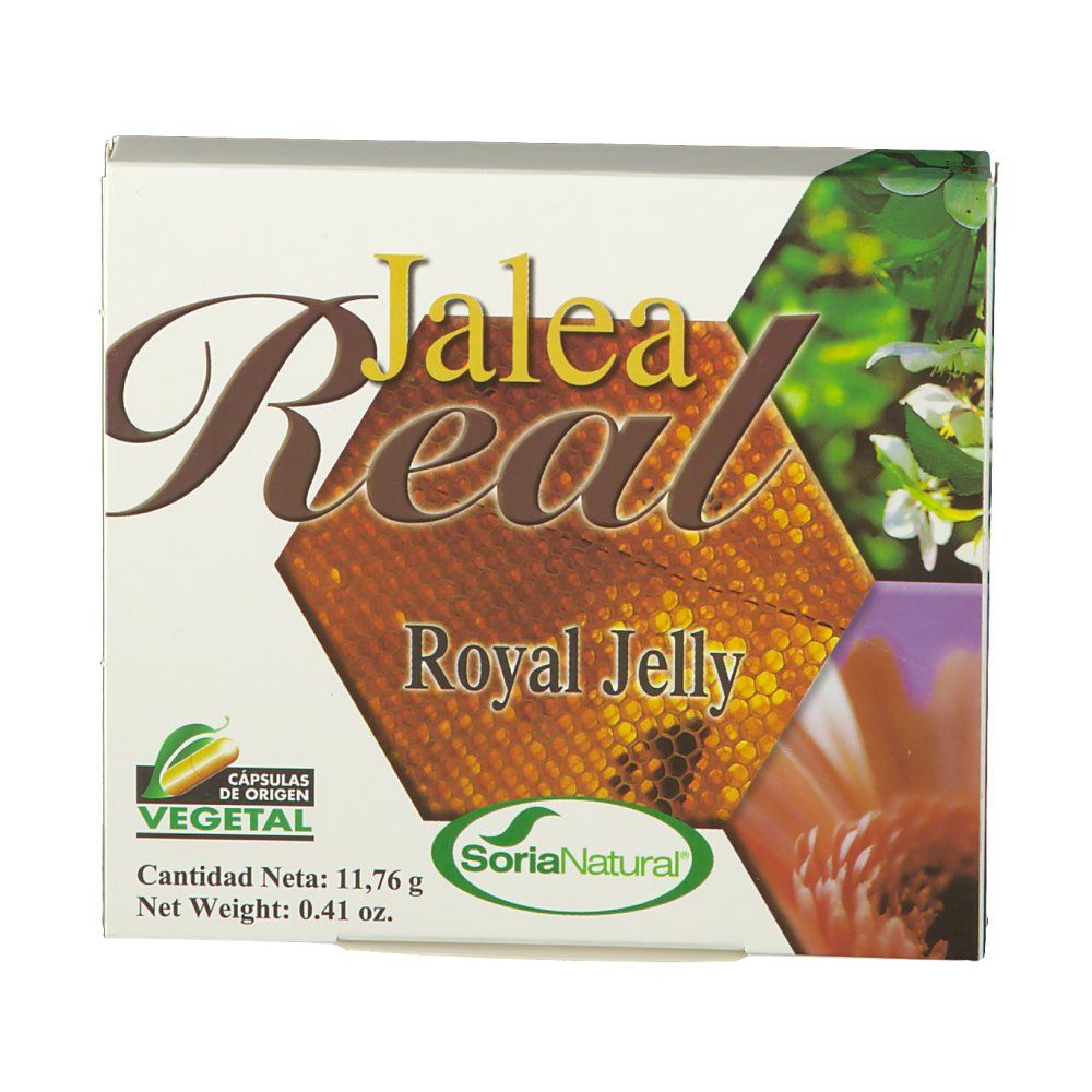 Boîte en carton "Jalea Real Royal Jelly". Logo "Soria Natural". Image de rayons de miel et de fleurs.