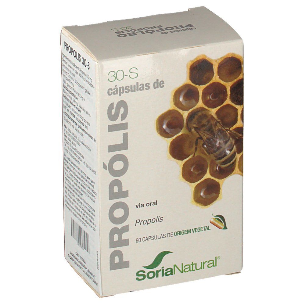 Doos 'Propolis 30-S'. Bij op honingraat. Merk Soria Natural. Plantaardige capsules.