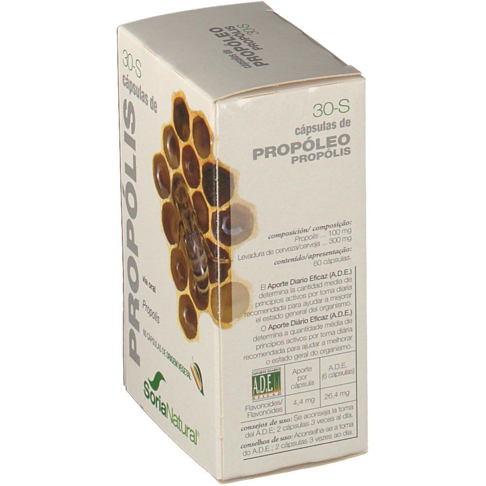 Doos 'Propolis 30-S'. Ingrediënten en dosering. Merk Soria Natural. 60 capsules.