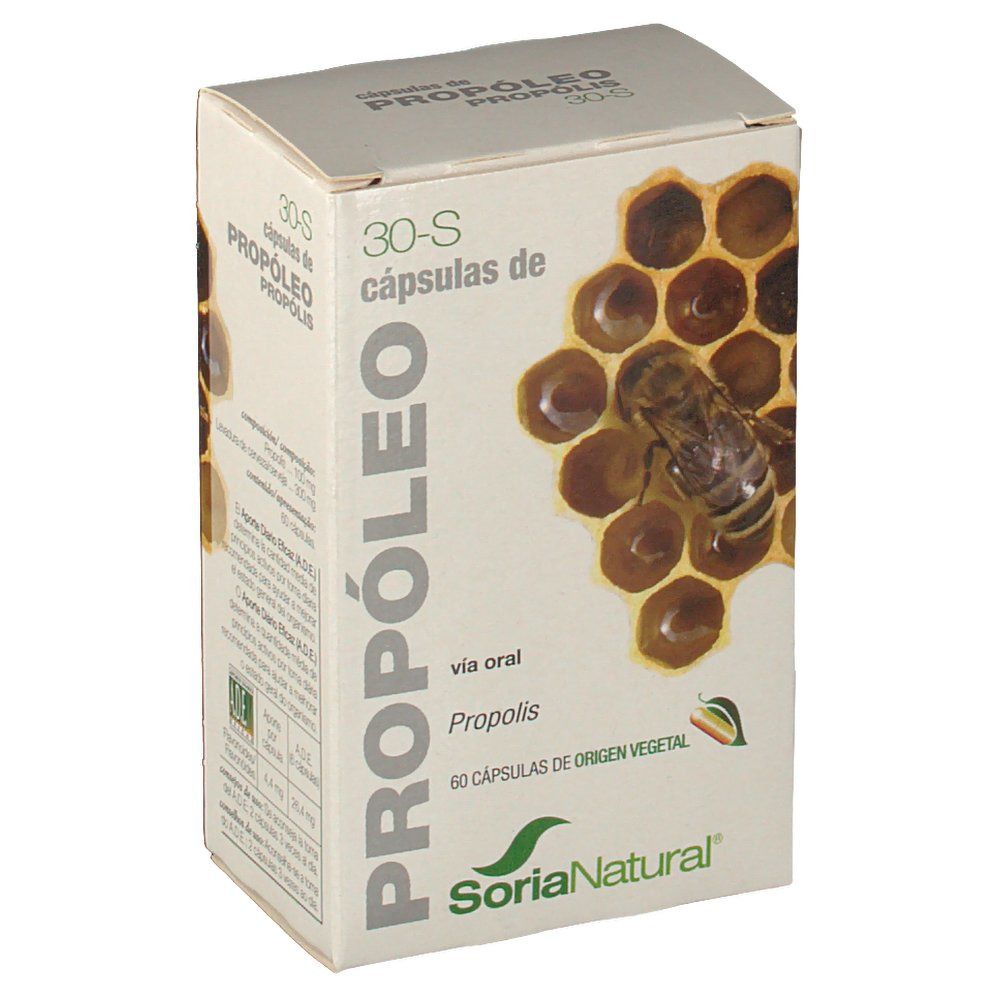 Doos 'Propolis 30-S'. Bij op honingraat. Merk Soria Natural. 60 capsules.
