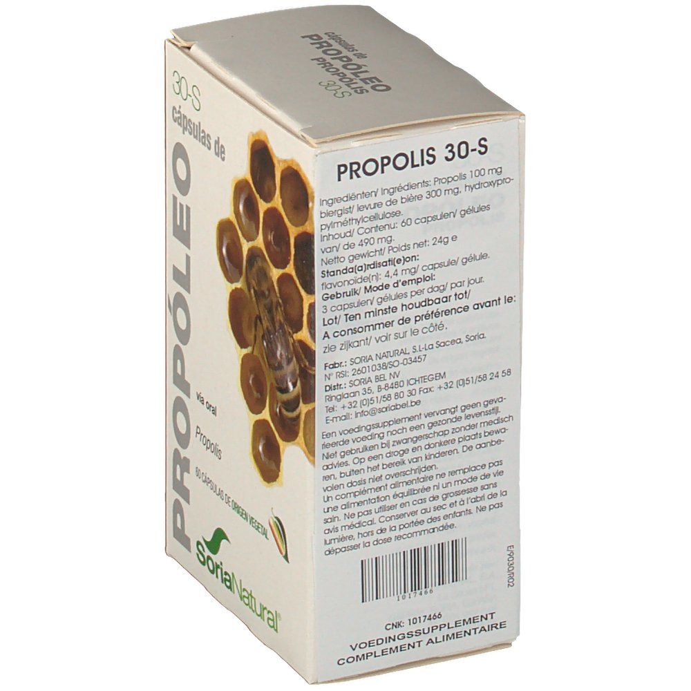 Doos 'Propolis 30-S'. Ingrediënten en gebruiksaanwijzing. Merk Soria Natural.