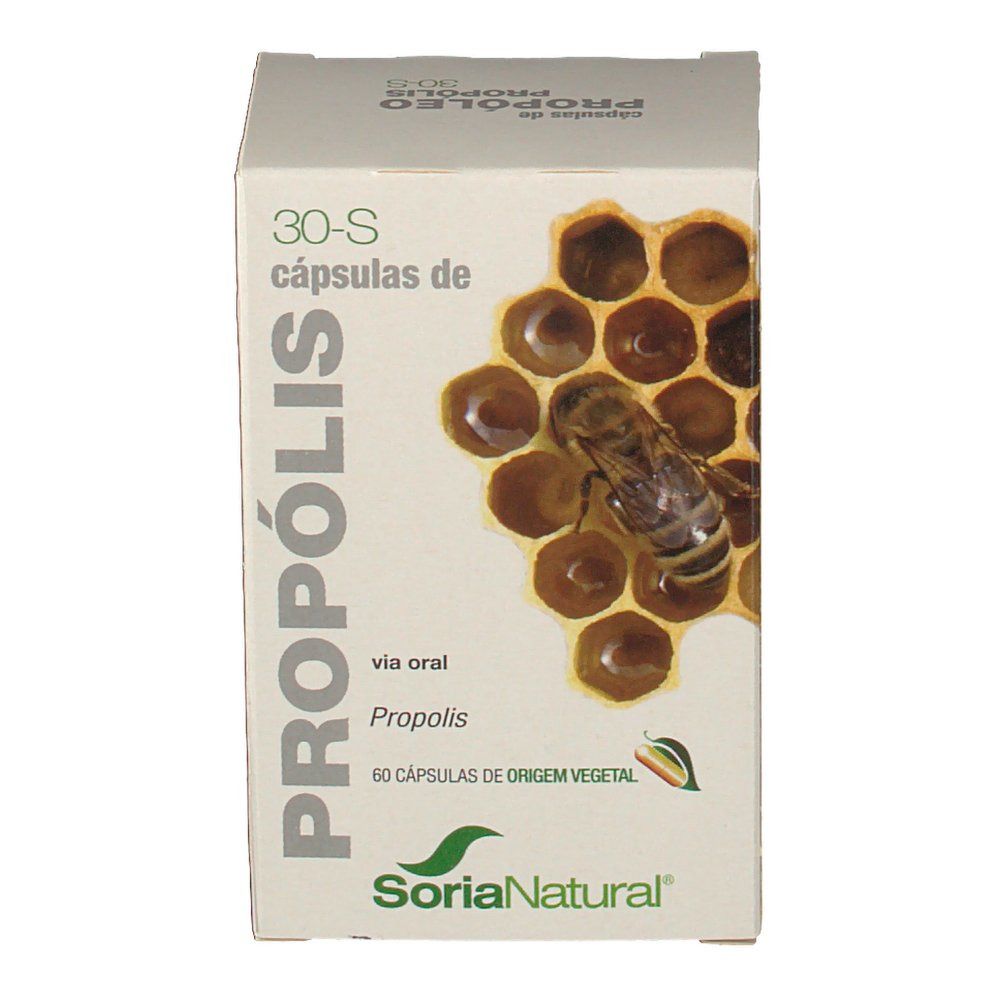 Doos 'Propolis 30-S'. Bij op honingraat. Merk Soria Natural. 60 capsules.