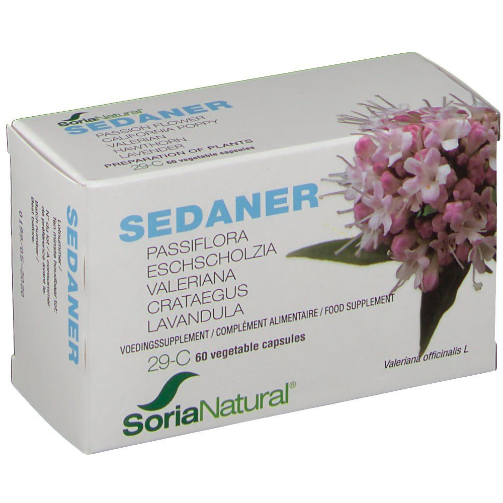 Schuine witte doos met SEDANER-tekst, bloemmotief en Soria Natural logo. 60 capsules.