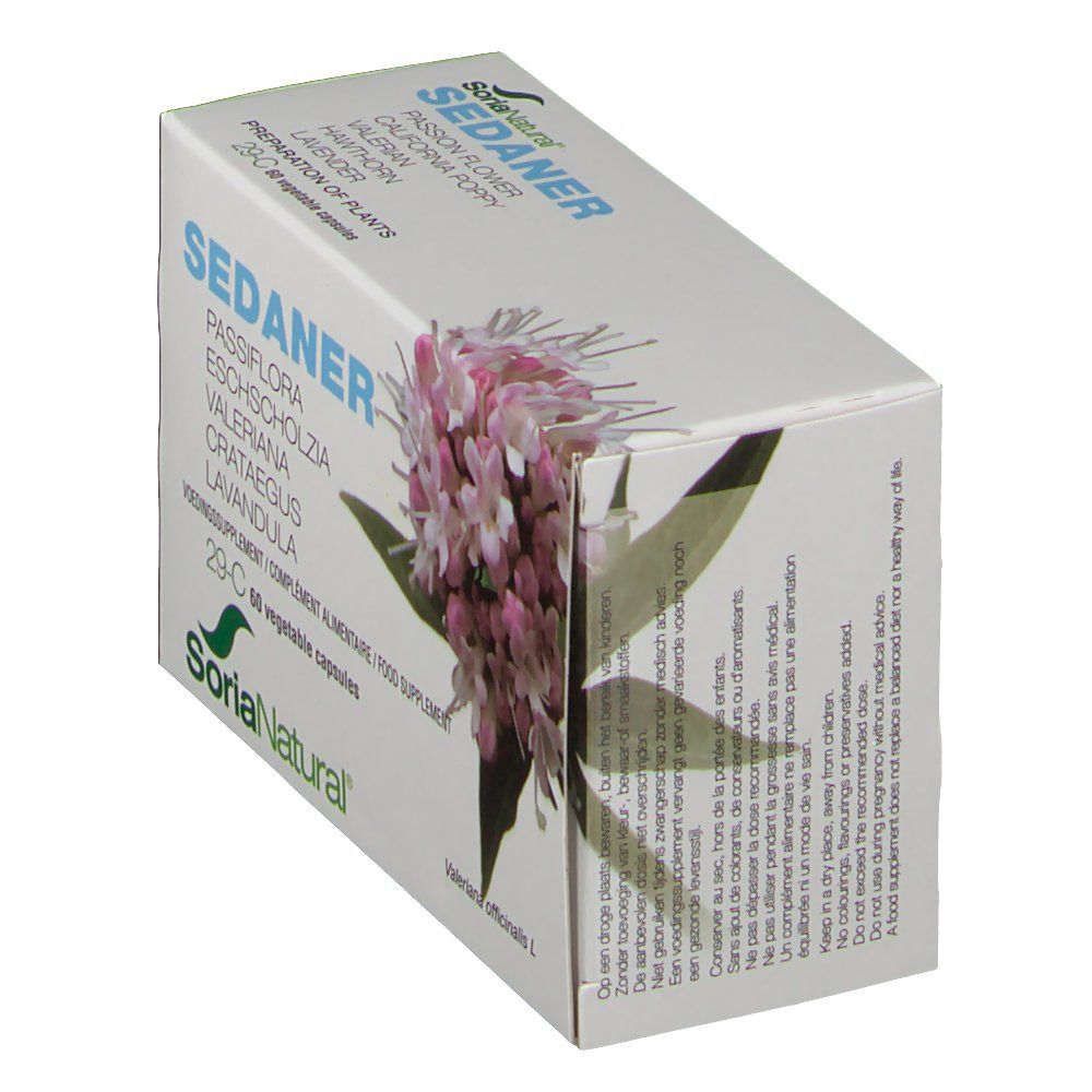 Doos met SEDANER-tekst, bloemmotief en Soria Natural logo. Bevat 60 capsules. Tekst op achterkant.
