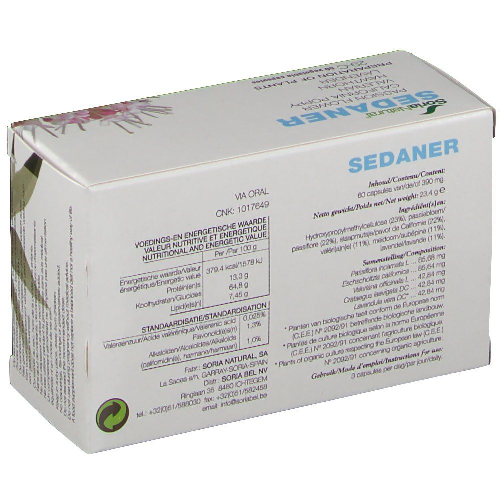 Achterkant van de doos met SEDANER-tekst, voedingsinformatie en Soria Natural logo. 60 capsules.