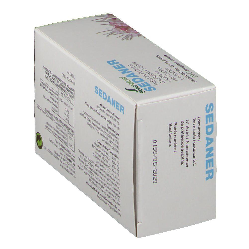 Doos met SEDANER-tekst en Soria Natural logo. Bevat 60 capsules. Ten minste houdbaar tot datum.