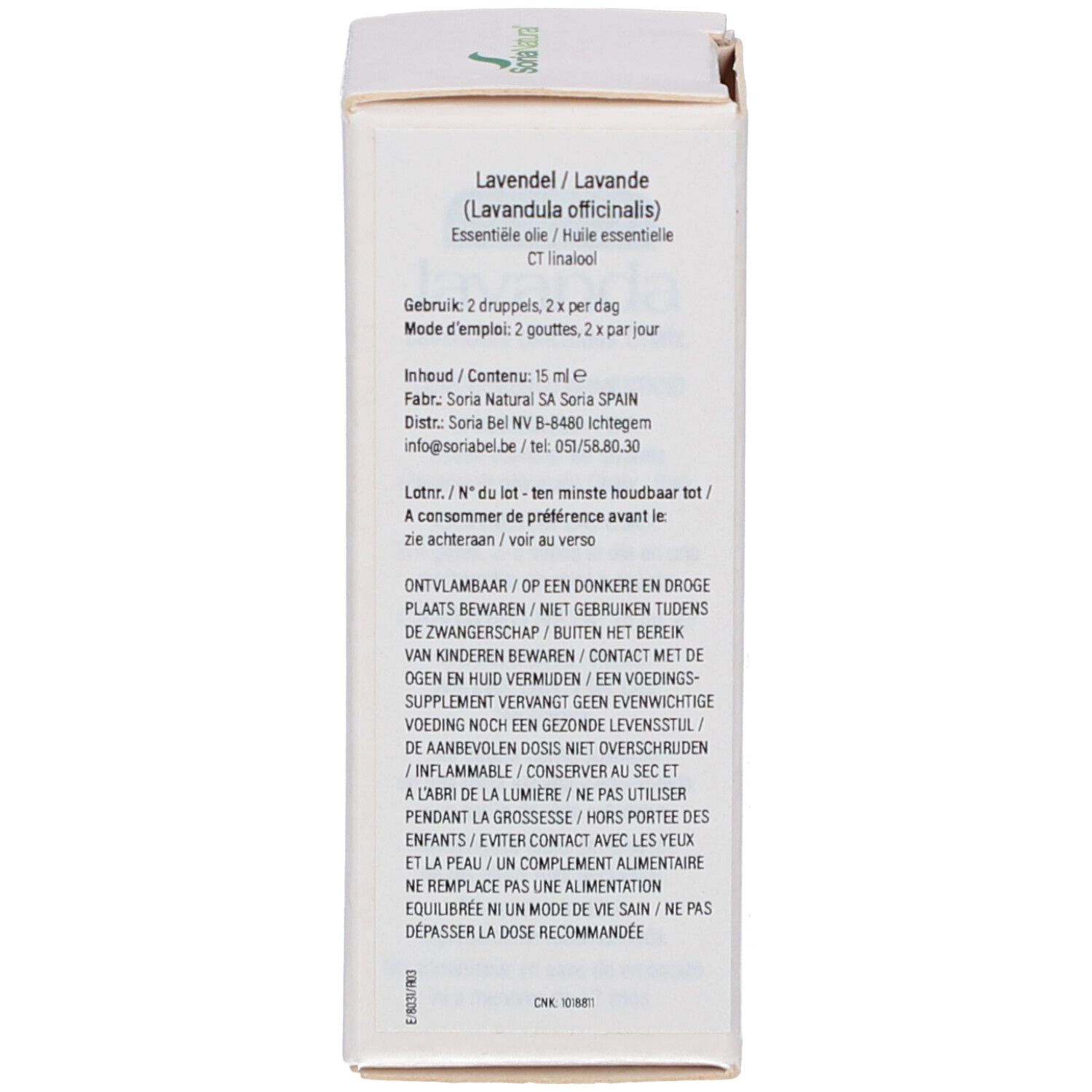 Dos de l'emballage avec texte multilingue. Informations d'utilisation.