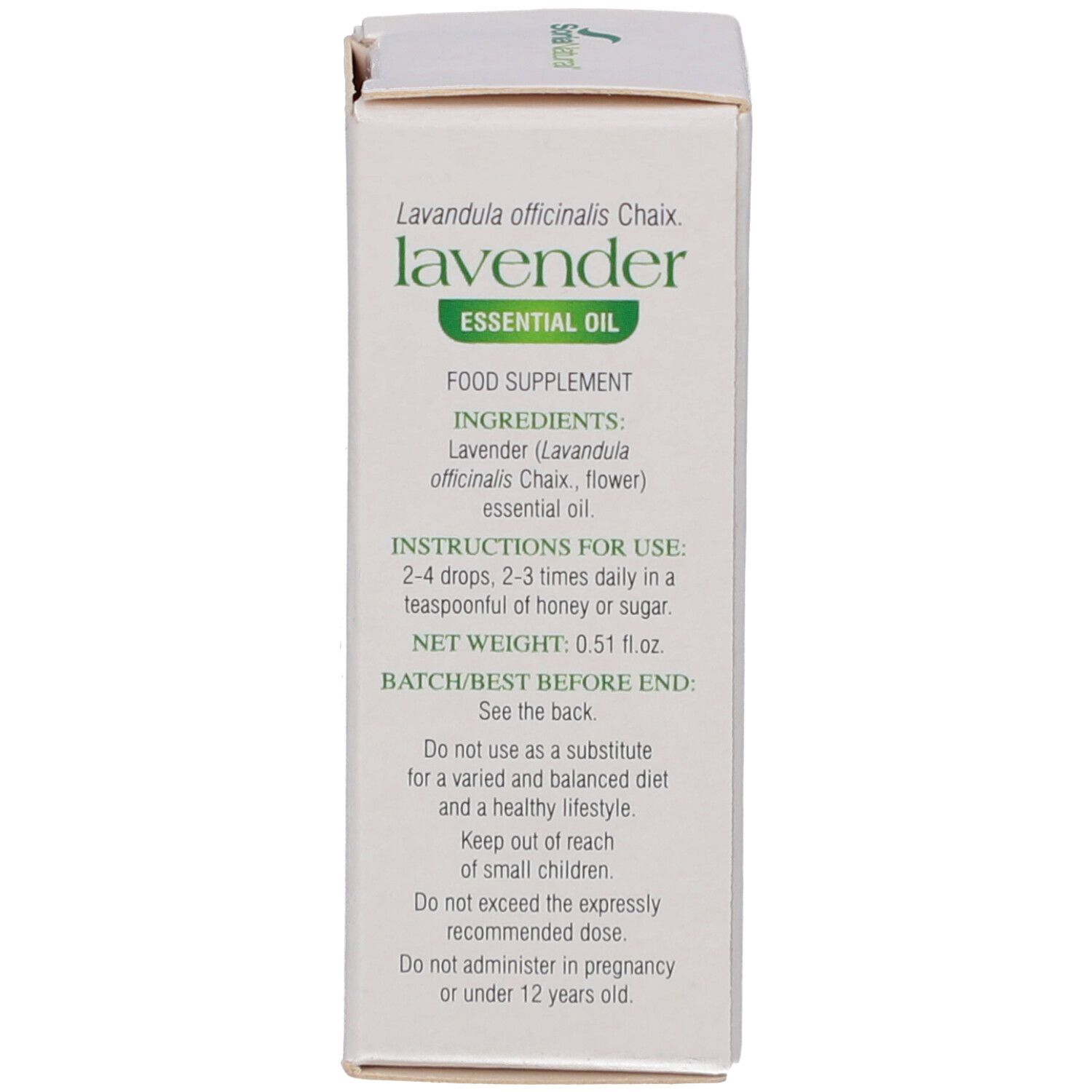 Côté de l'emballage avec informations produit, ingrédients et instructions d'utilisation.