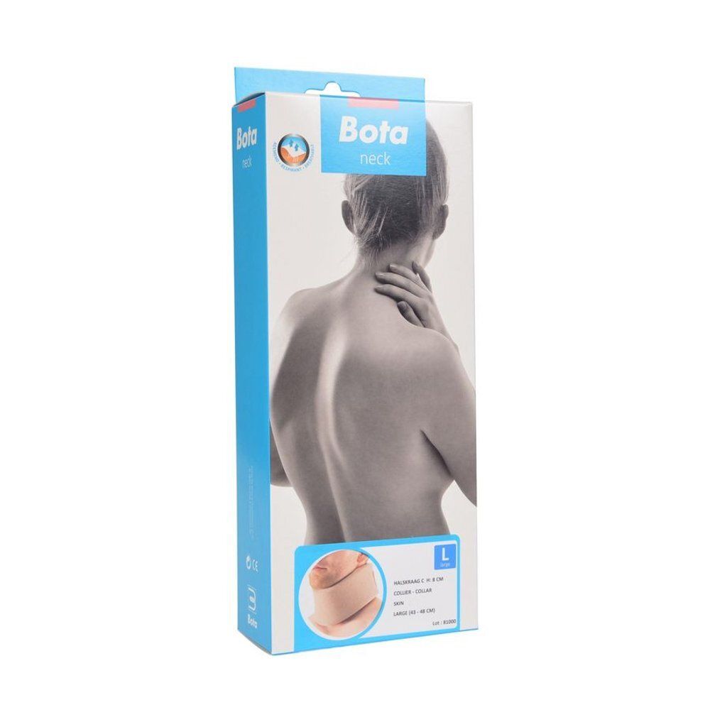 Verpakking van de Bota nekbrace Mod C Skin L. Opschrift: Bota neck. Afbeelding van een persoon met nekbrace.