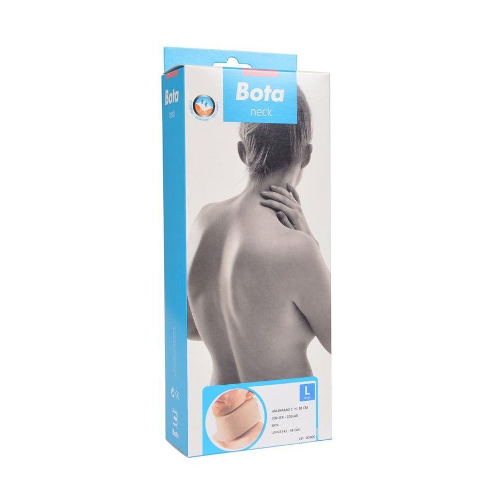 Emballage de la minerve Bota. Boîte bleue et blanche avec nom du produit et image d'une personne portant la minerve.