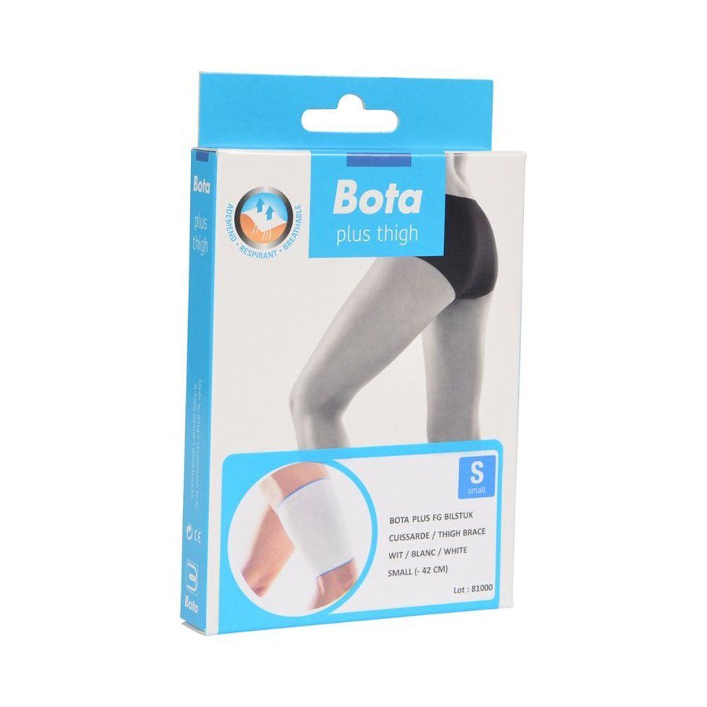 Emballage de la bande de cuisse. Marque Bota Plus. Nom du produit et indication de taille. Illustration de la bande.