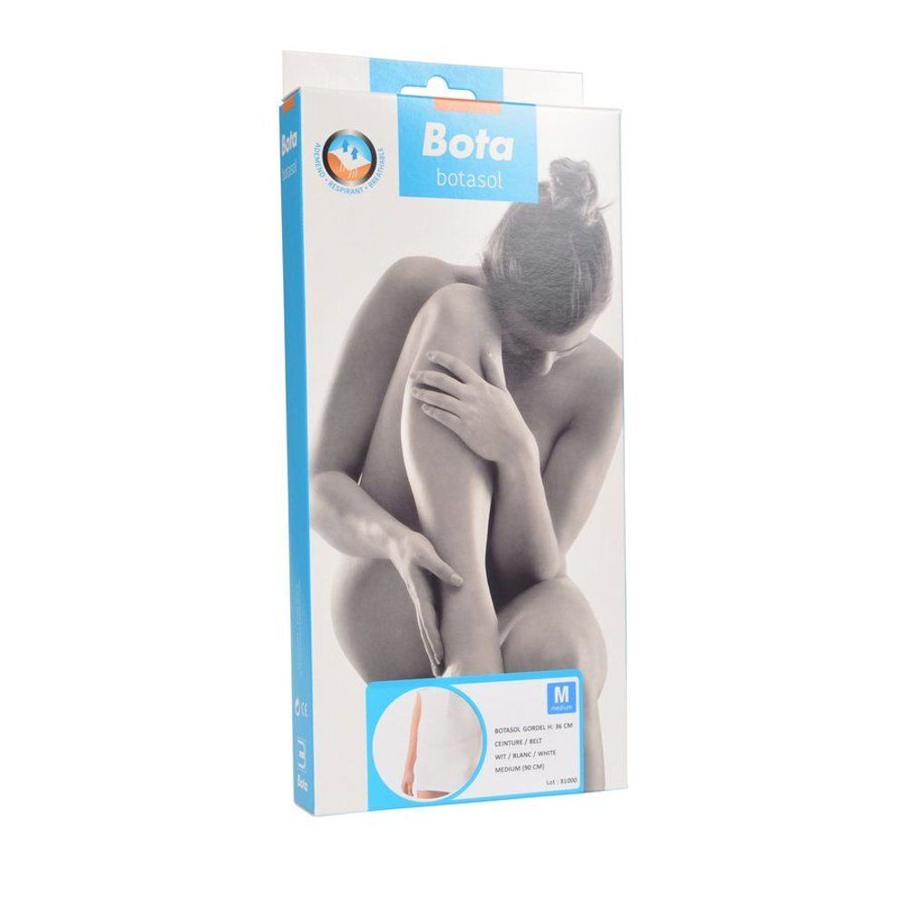 Verpakking. Merk Botasol. Zittende vrouw. Opschrift: M, riem, wit. Productafbeelding.