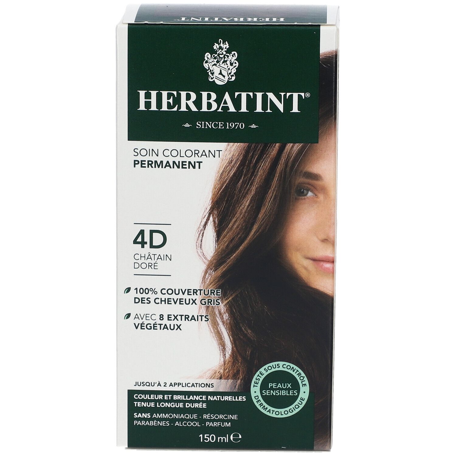 HERBATINT® verpakking. 4D Châtain Doré. Permanente haarkleuring. 100% grijsdekking. Met 8 plantenextracten. Dermatologisch getest. 150 ml.