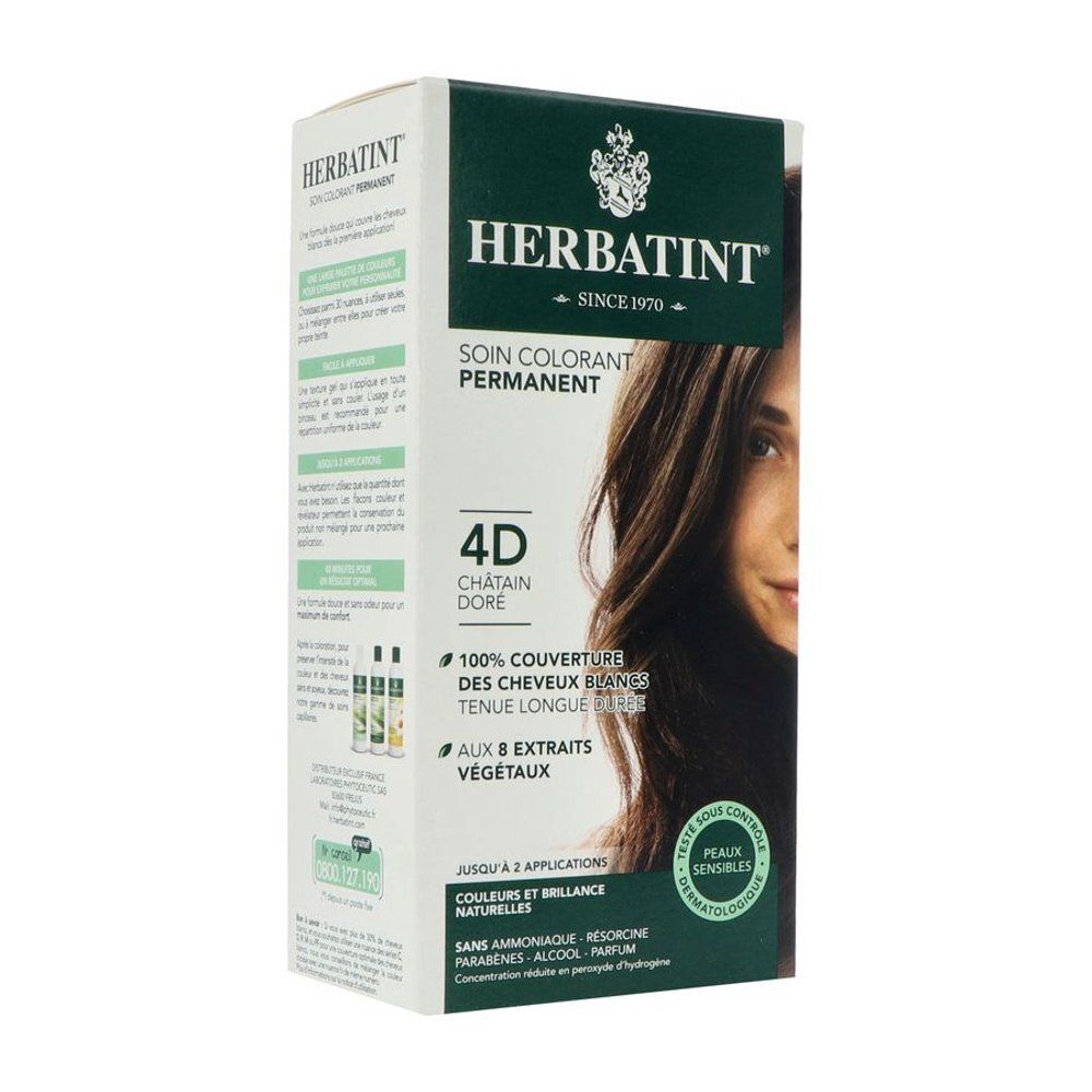 HERBATINT® 4D Châtain Doré. Boîte de coloration permanente. Couverture 100% cheveux gris. Testé dermatologiquement.