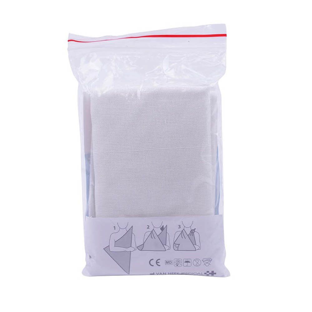 Witte driehoekige bandage in plastic verpakking. Illustraties voor gebruik. CE-markering.