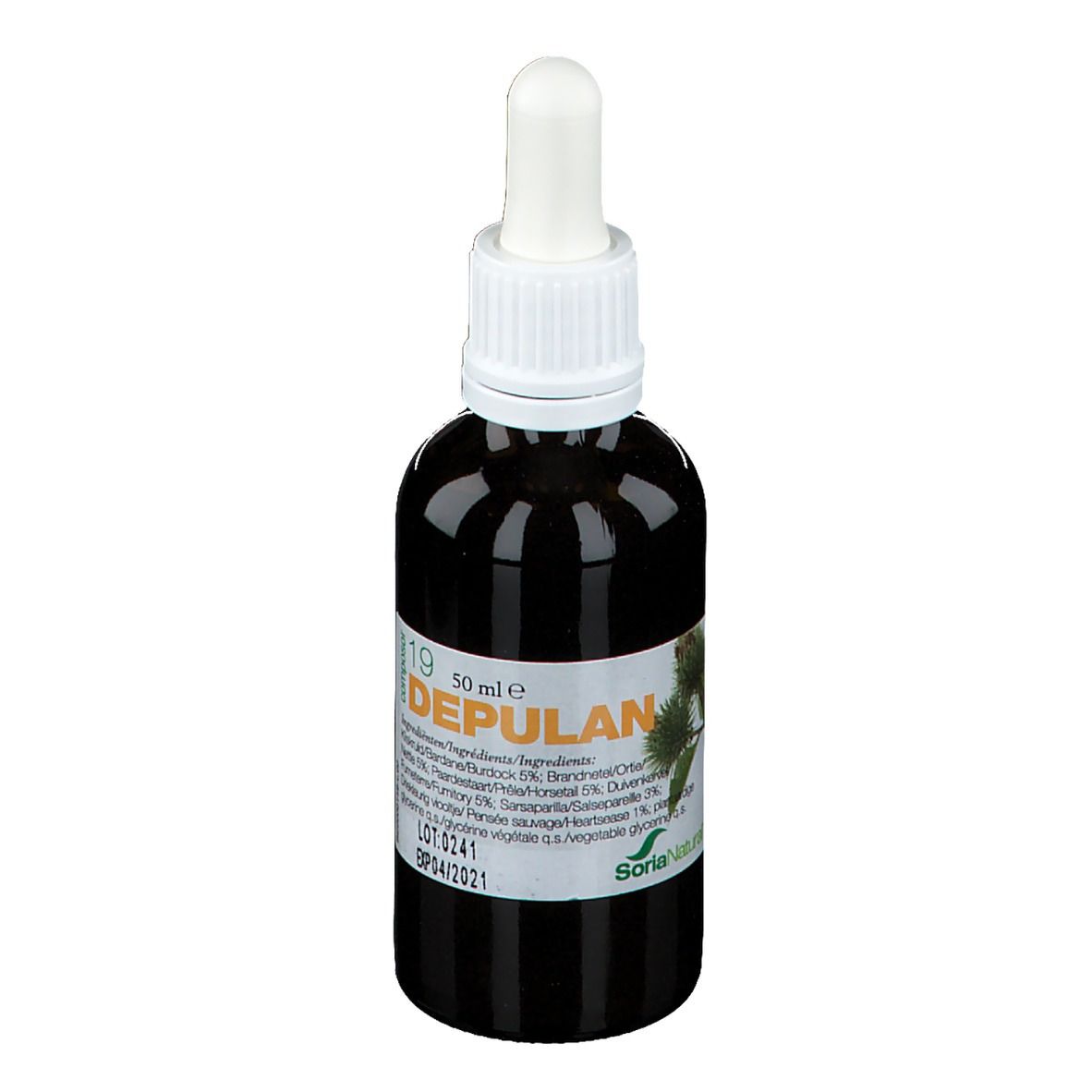 Bruine glazen fles met witte schroefdop en pipet. Etiket met productnaam en ingrediënten. Soria Natural logo.