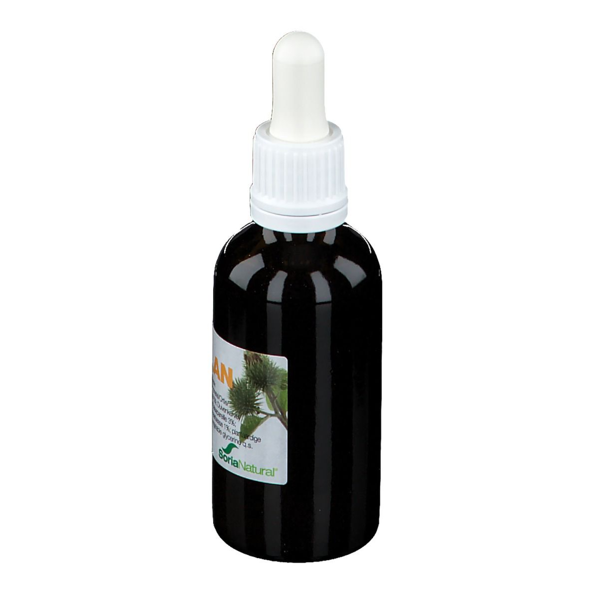 Bruine glazen fles met witte schroefdop en pipet. Etiket met productnaam en ingrediënten. Soria Natural logo.