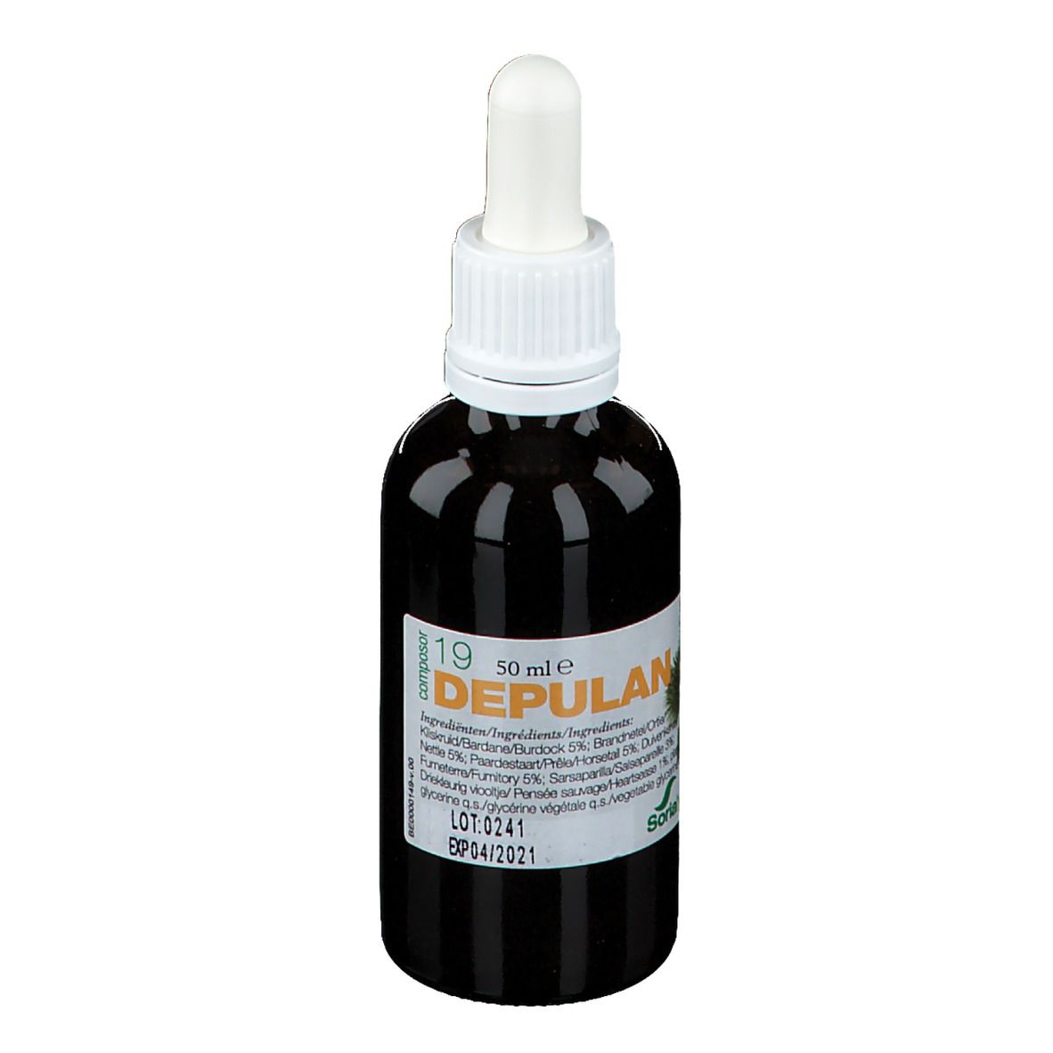 Bruine glazen fles met witte schroefdop en pipet. Etiket met productnaam en ingrediënten. Soria Natural logo.