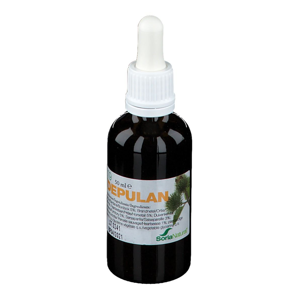 Bruine glazen fles met witte schroefdop en pipet. Etiket met productnaam en ingrediënten. Soria Natural logo.