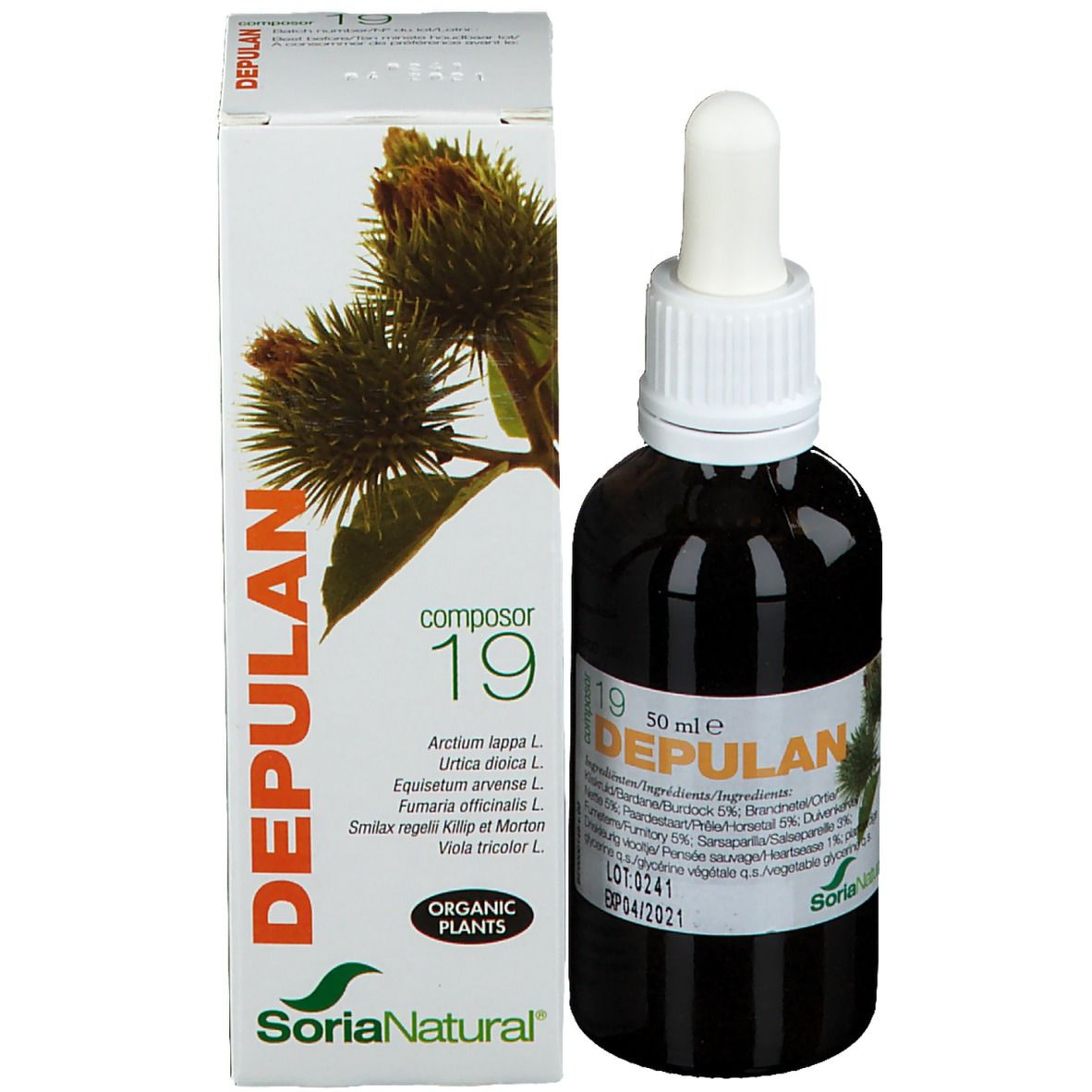 Productfles en verpakking. Fles met pipet. Verpakking met productnaam, plantafbeelding en Soria Natural logo.