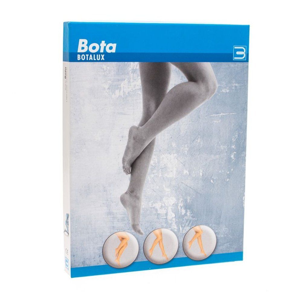 Productverpakking. Bota Botalux 40 steunpanty. Op de verpakking staat een persoon afgebeeld die de panty draagt. Maat 6.