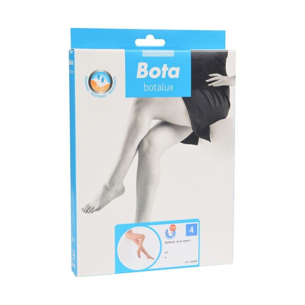 Verpakking van Bota Botalux steunkousen. Blauwe en witte doos met benen en productnaam.