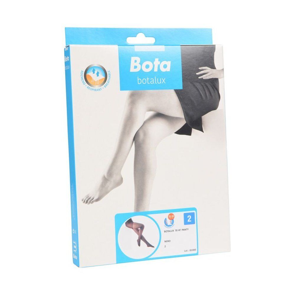 Verpakking van Botalux 70 Support panty's. Opdruk: Bota, Botalux, afbeelding van een vrouw met panty. Kleur: Nero.