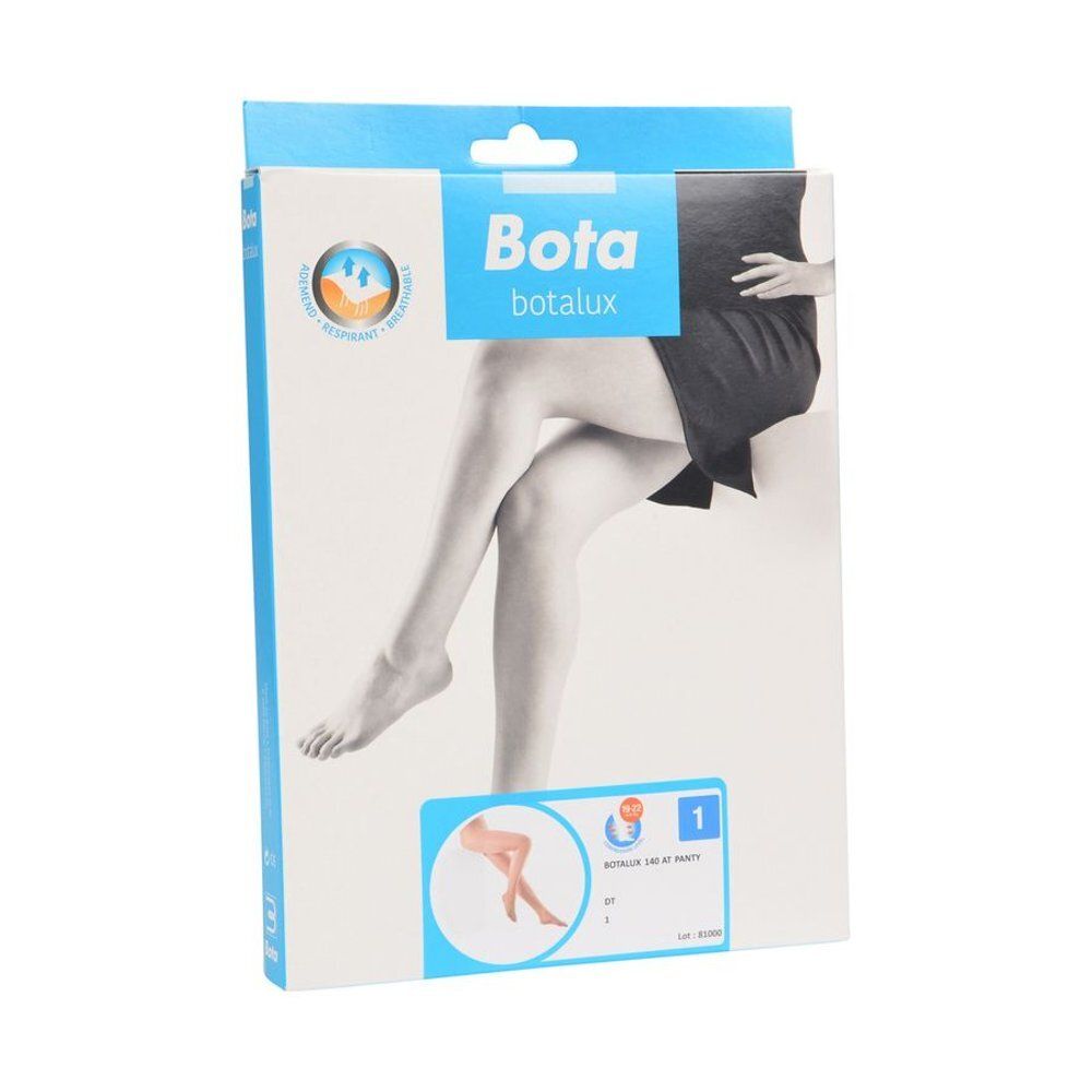 Boîte Botalux. Carton bleu clair avec image du produit et logo. Illustration des jambes. Contention AT +P DT Taille 1.