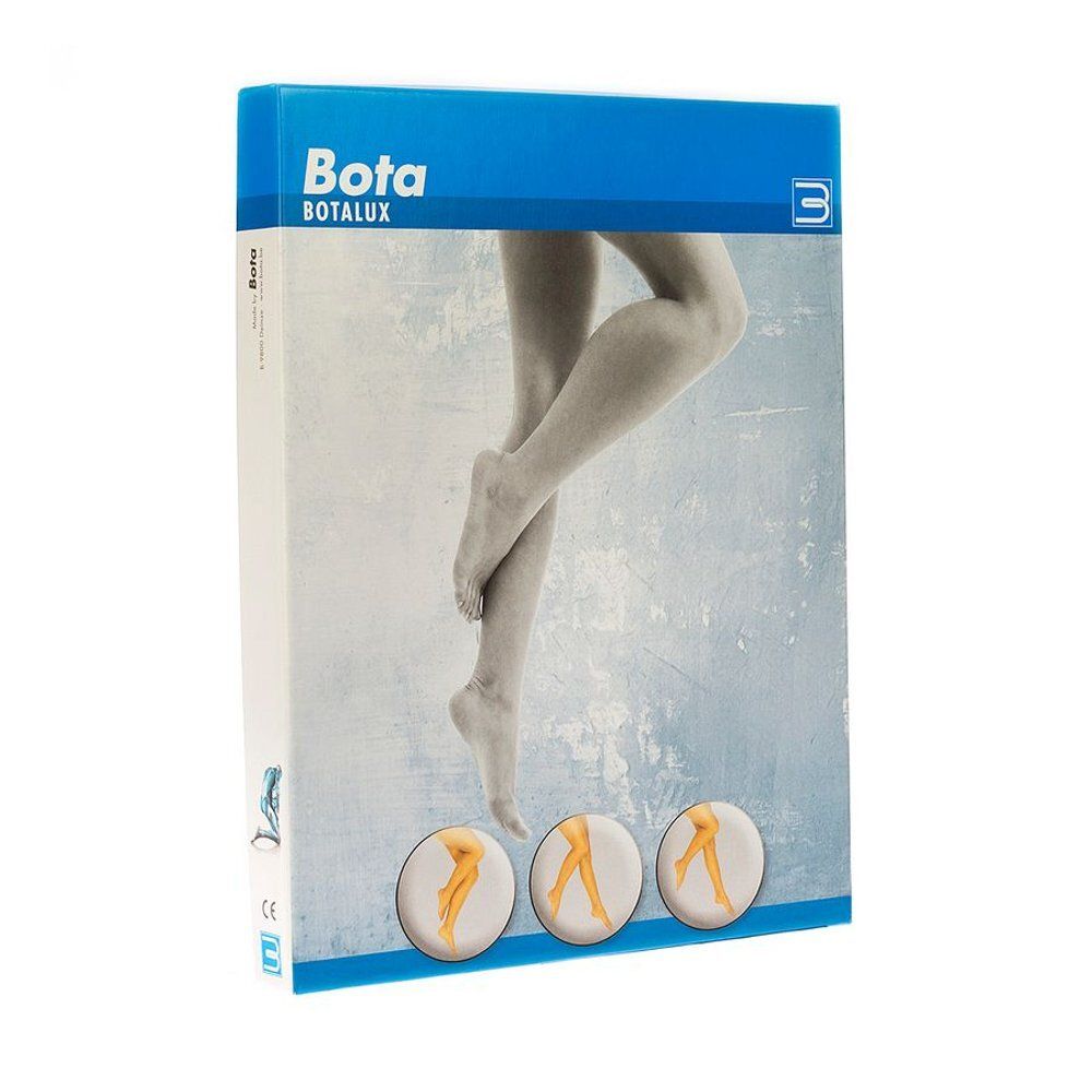 Verpakking met productafbeelding. Bota Botalux steunpanty. Drie kleine productafbeeldingen onderaan. Blauwe en witte achtergrond.