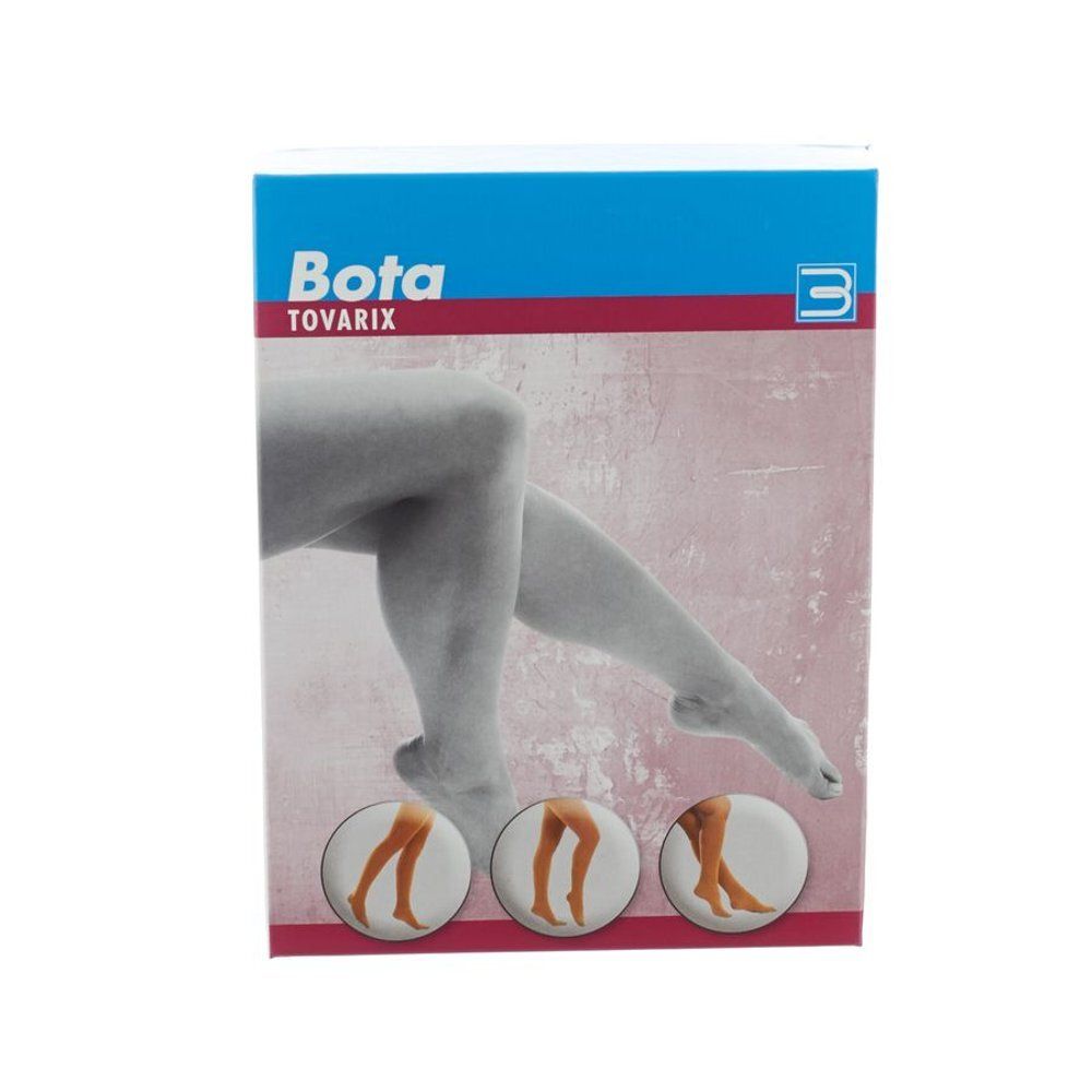 Emballage avec illustrations de jambes. En haut, "Bota TOVARIX". Trois illustrations de jambes dans des cercles. Design bleu, blanc et rouge.